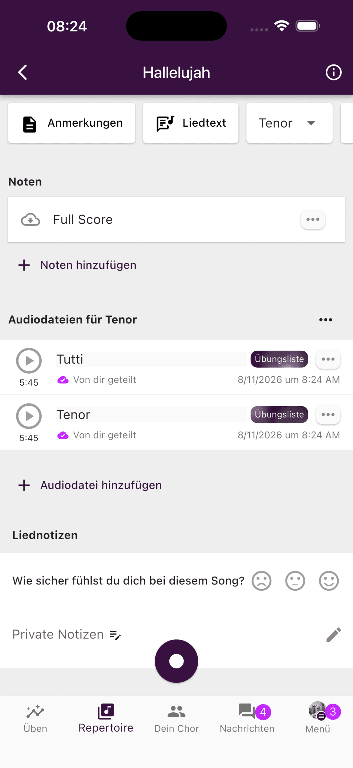 Eine Songseite mit Audio und Noten sowie den Symbolen für verfügbaren und nicht verfügbaren Offline-Zugriff