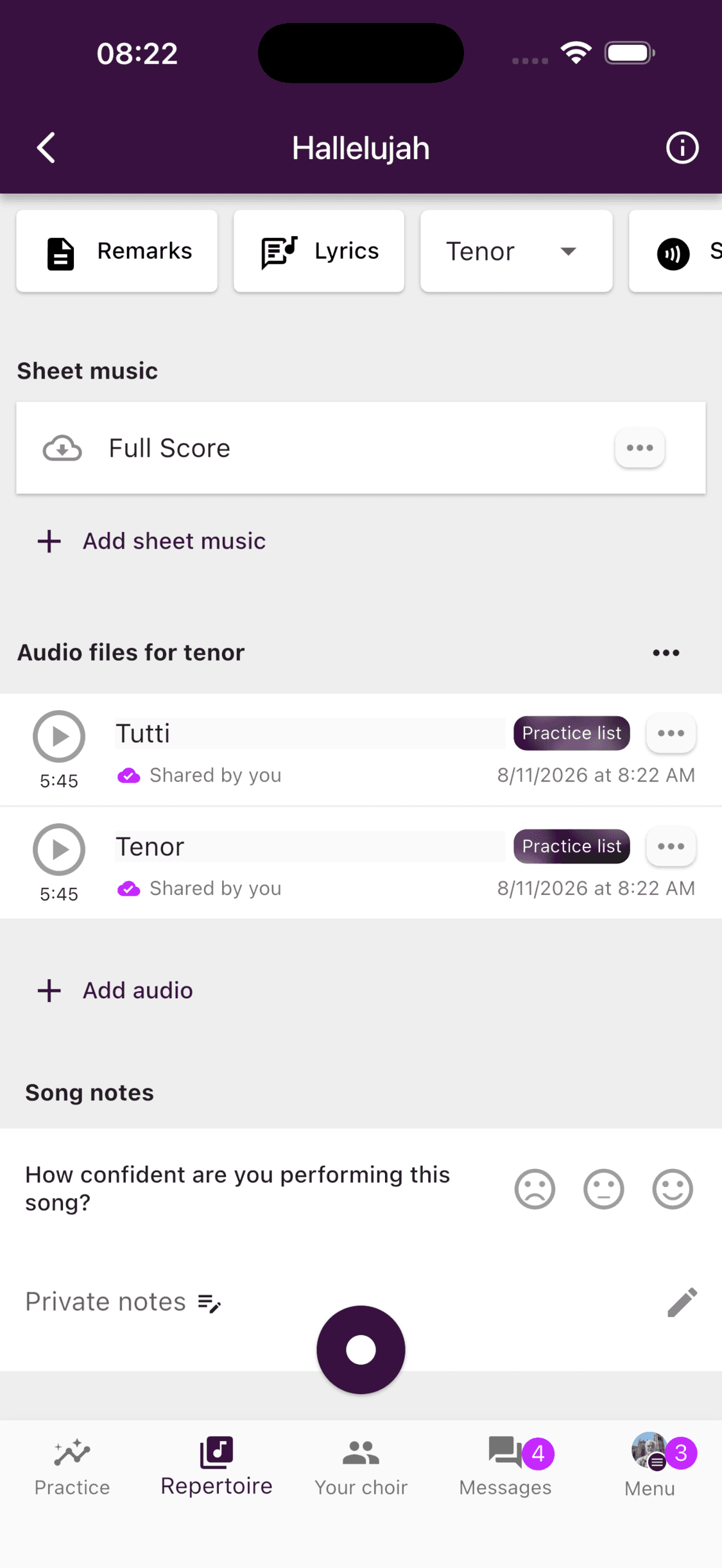 A song page showing audio and sheet music with available and unavailable offline status icons