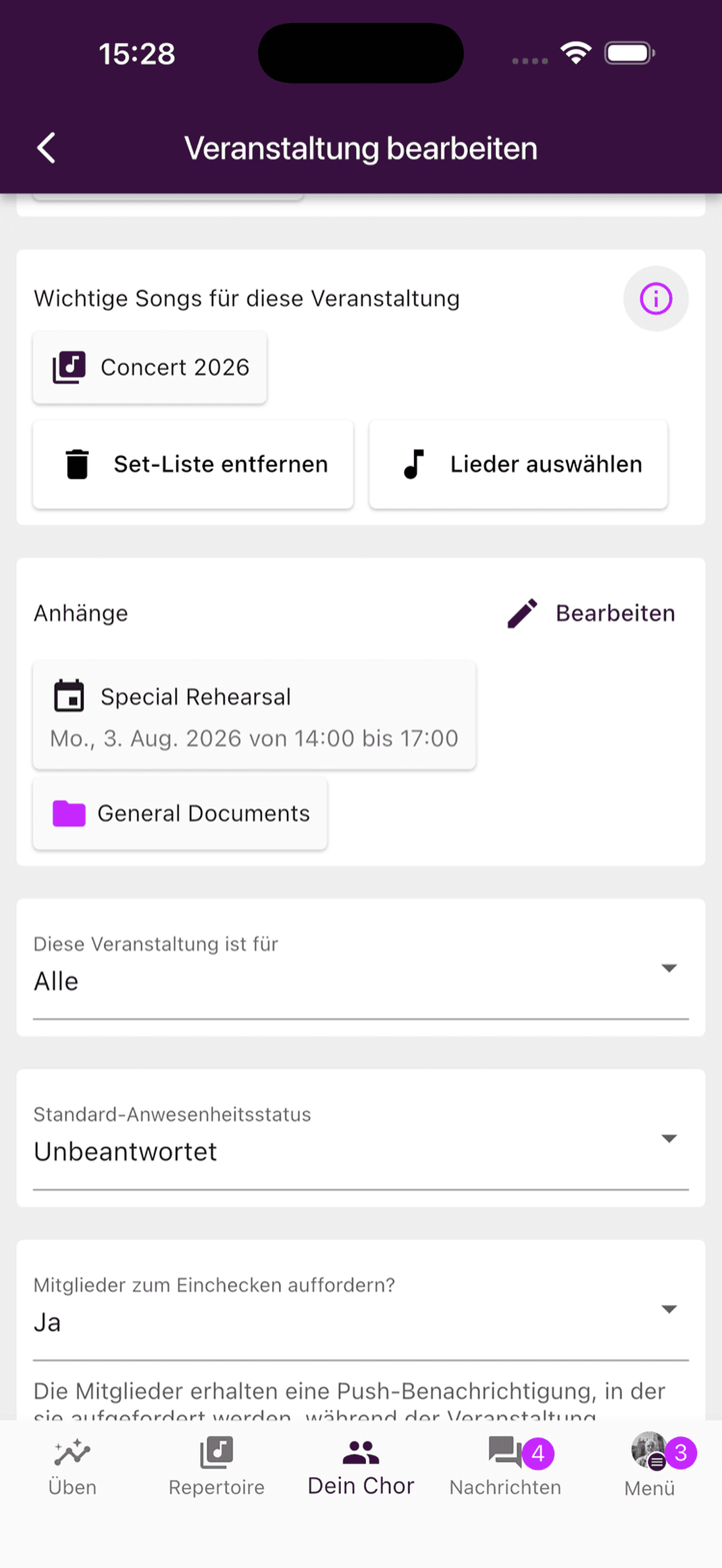 Wichtige Songs im Veranstaltungseditor