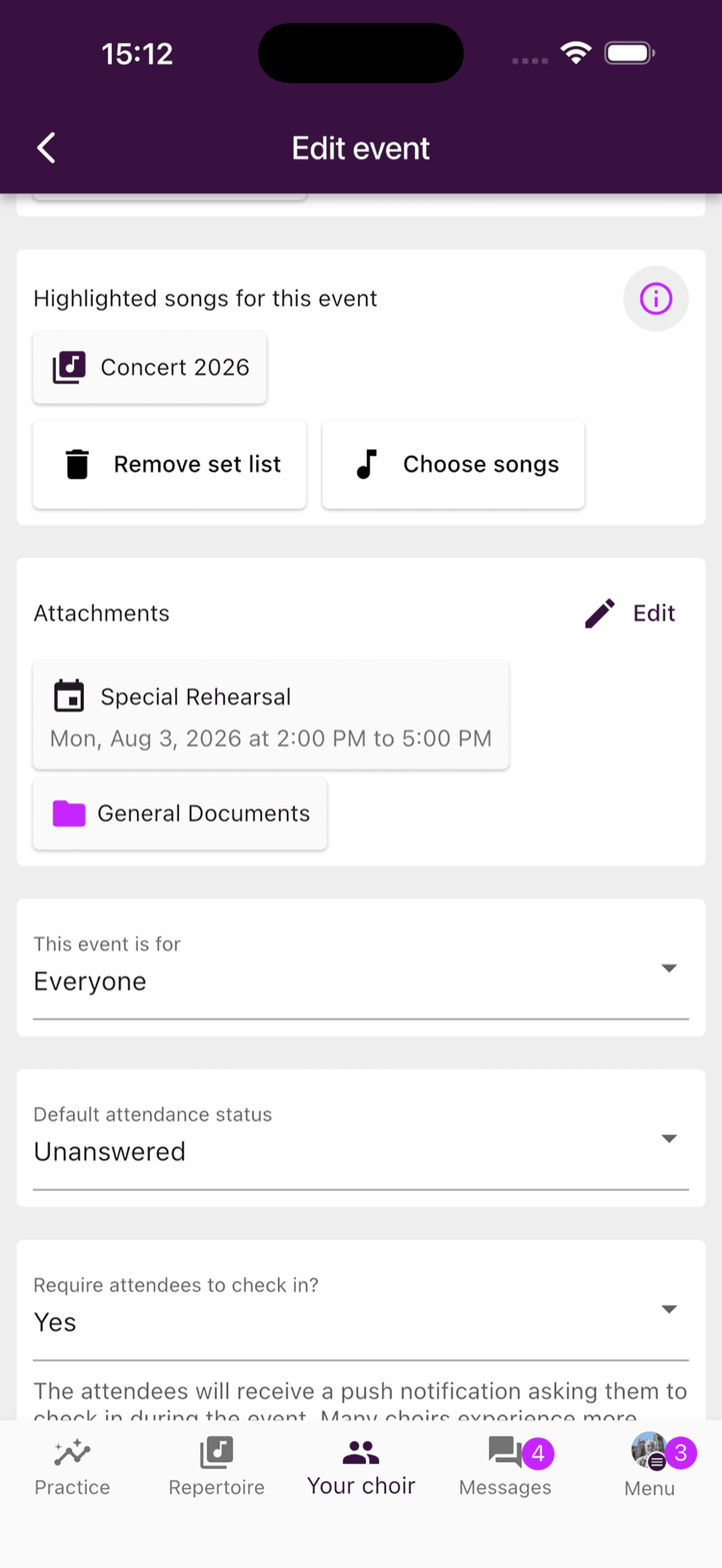 Highlighted songs in the event editor