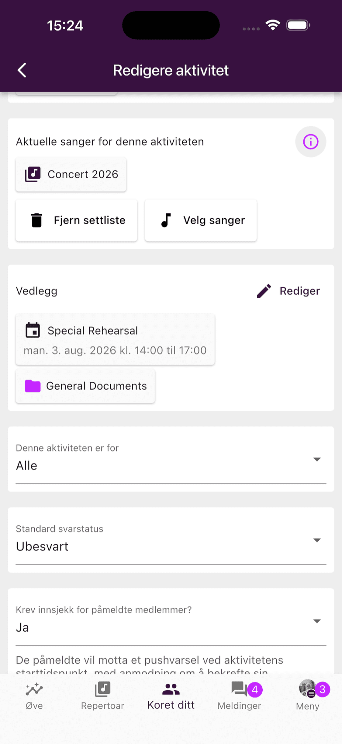 Aktuelle sanger i aktivitetsredigeringen