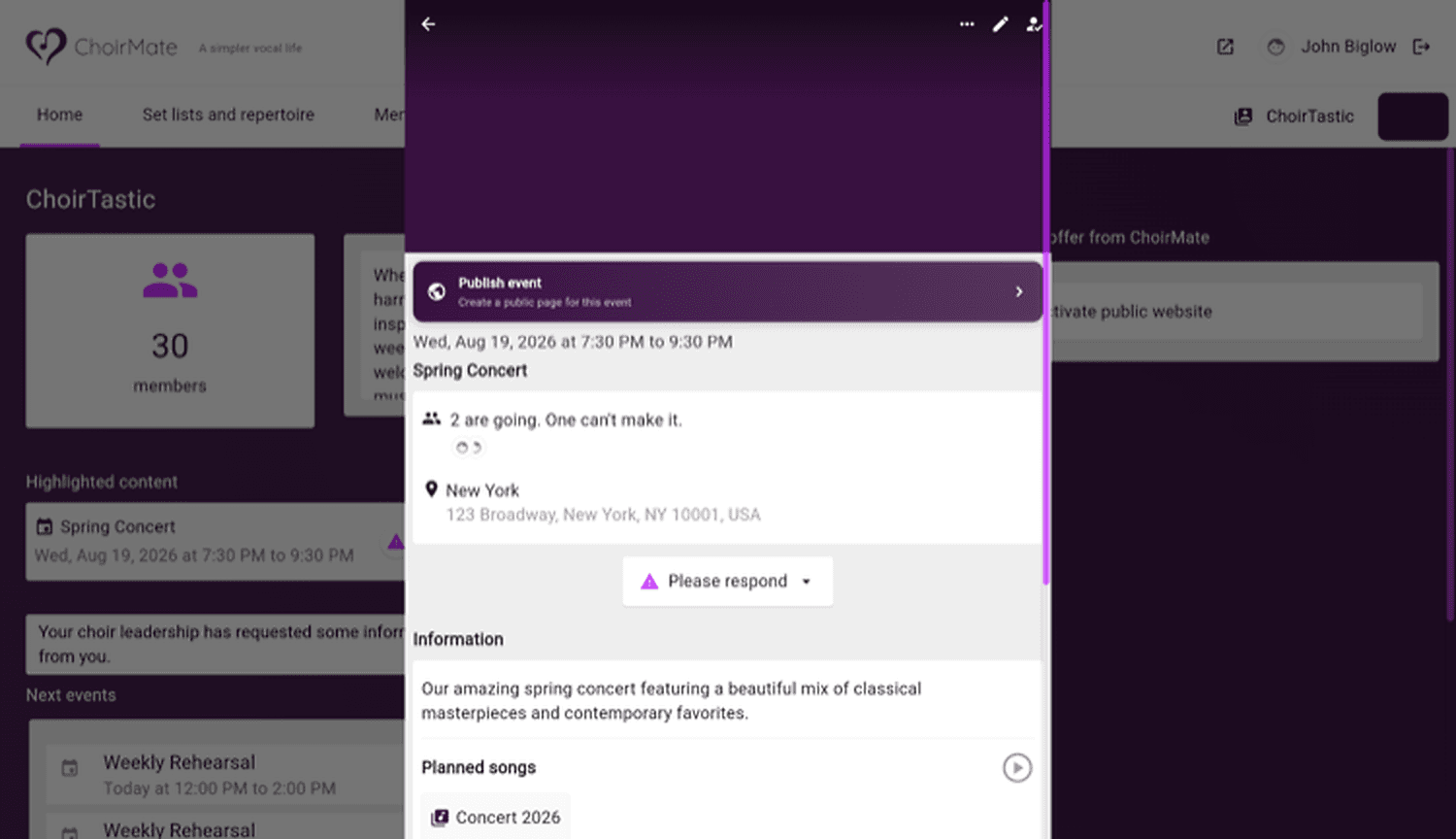 Planned songs on an event in the web app