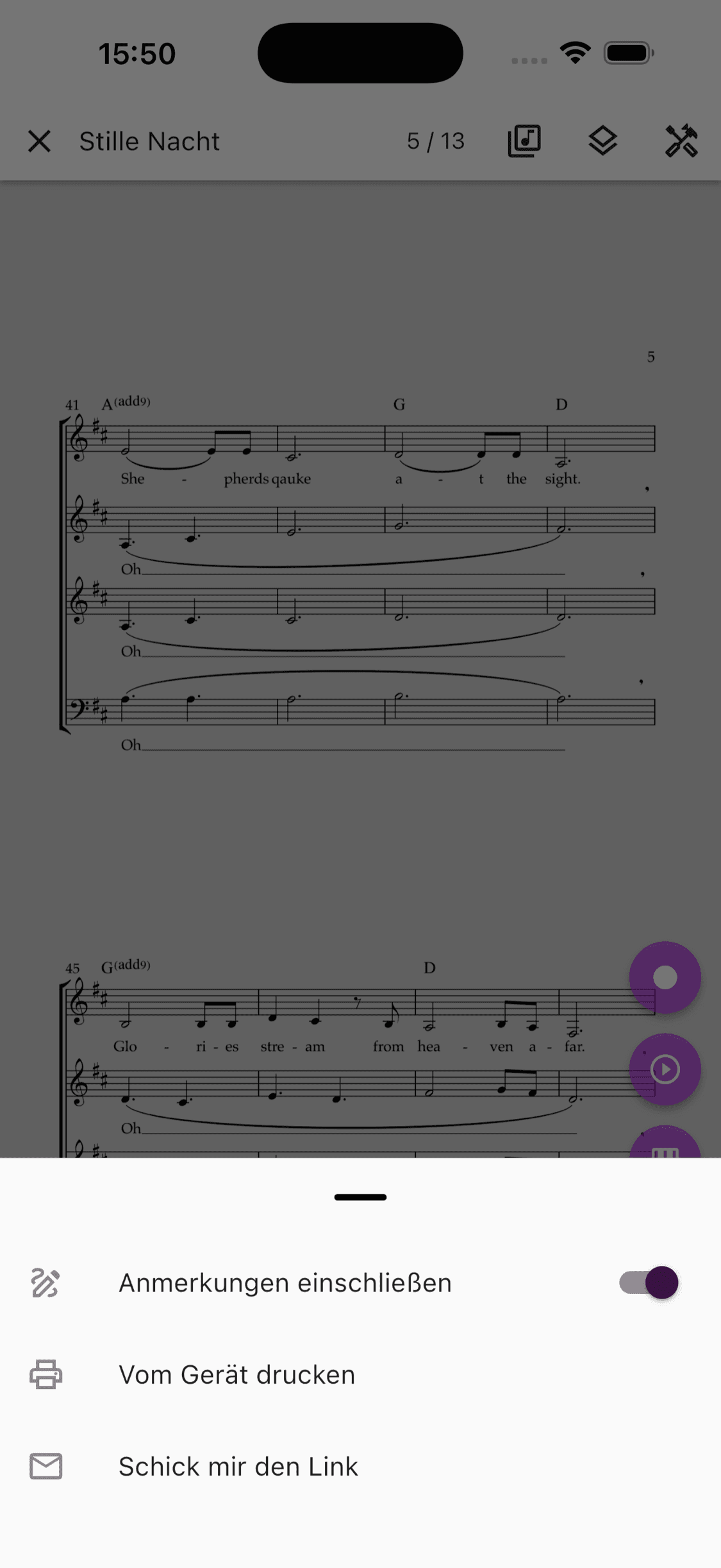 Druckoptionen mit sichtbaren Anmerkungen in der ChoirMate-App