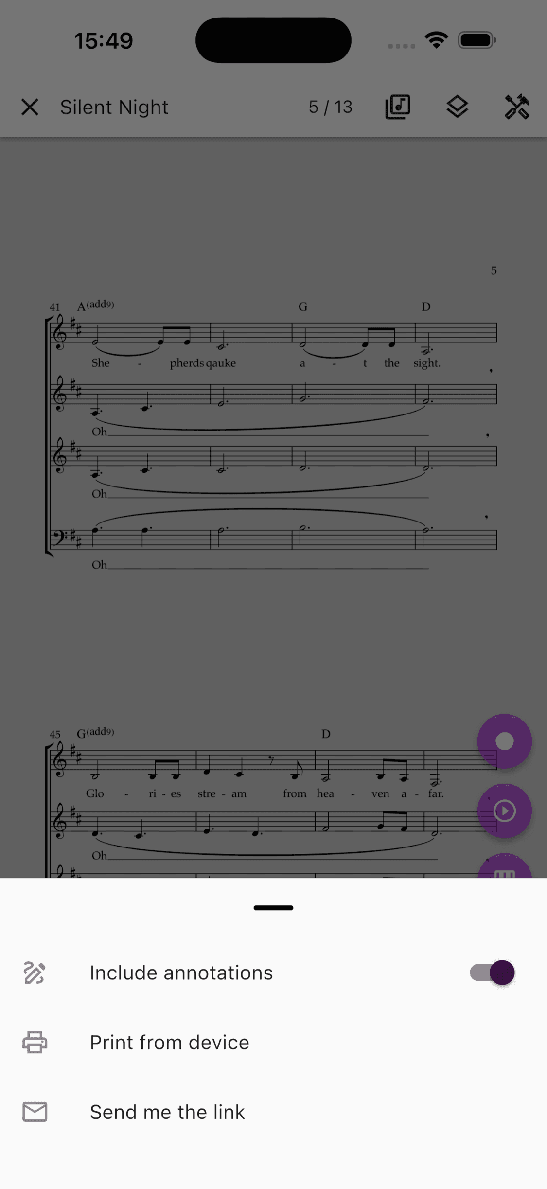 Print options with visible annotations included in the ChoirMate app