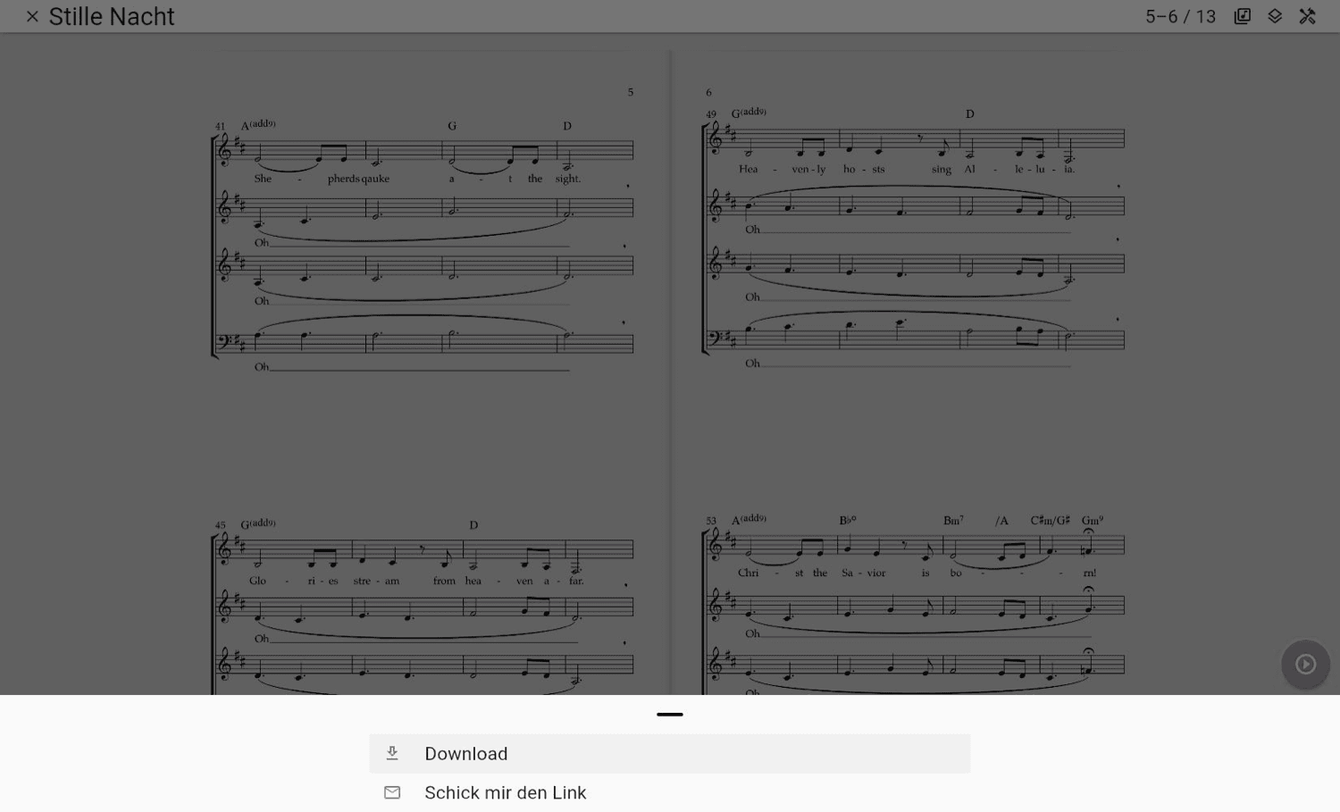Download- und E-Mail-Optionen für Noten in ChoirMate Web