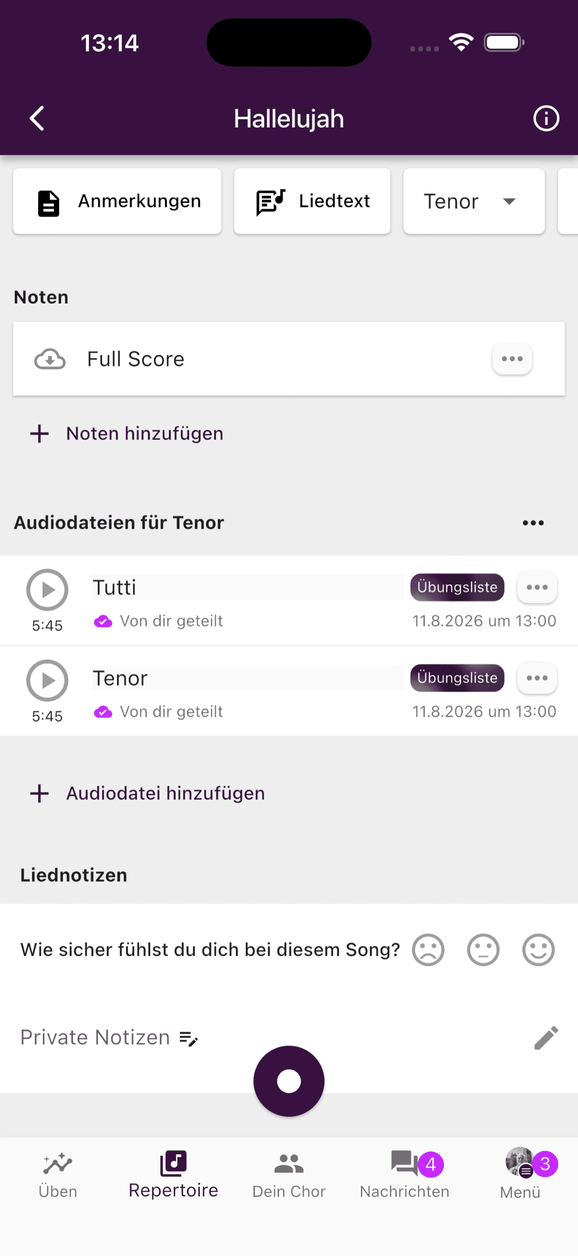 Aufnahmetaste unten auf einer Liedseite in der ChoirMate-App