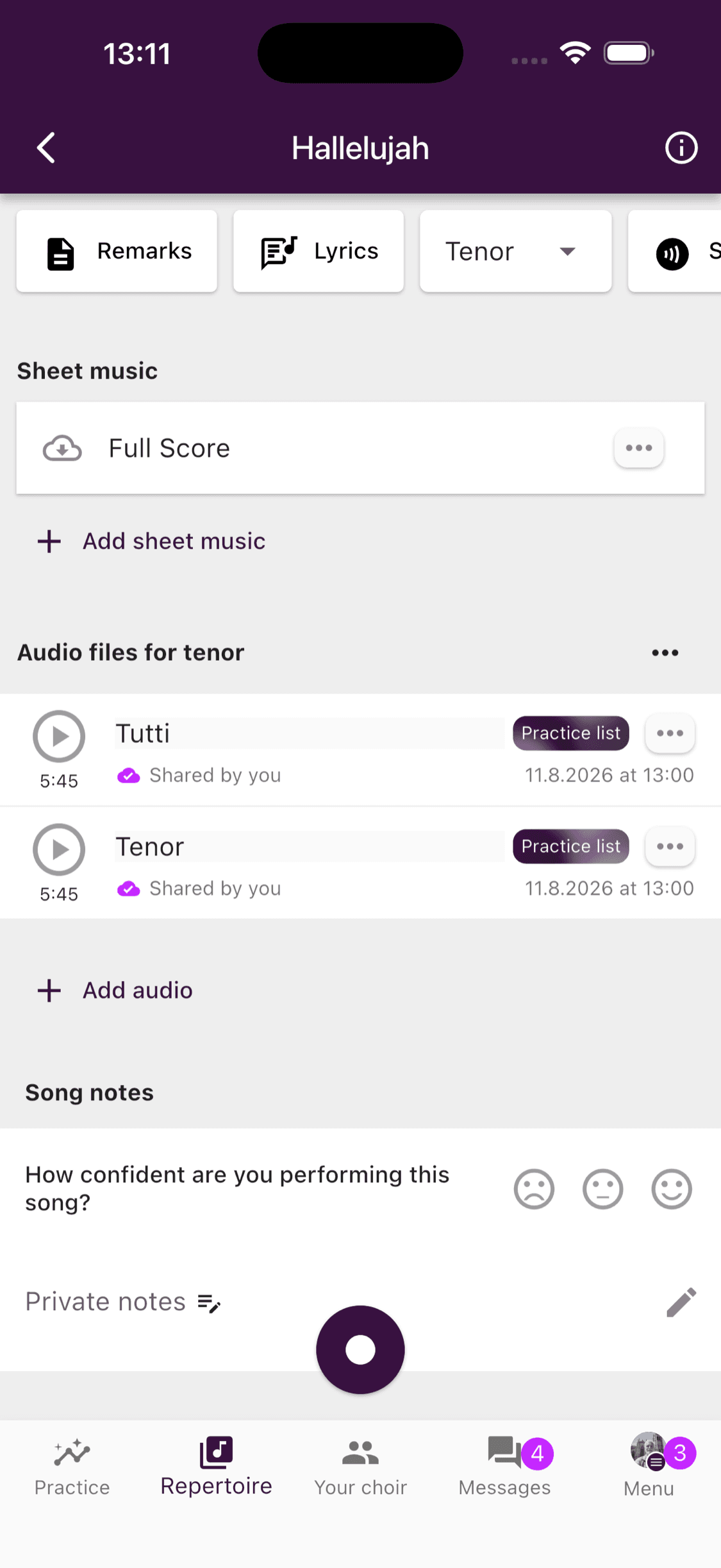 Record button at the bottom of a song page in the ChoirMate app