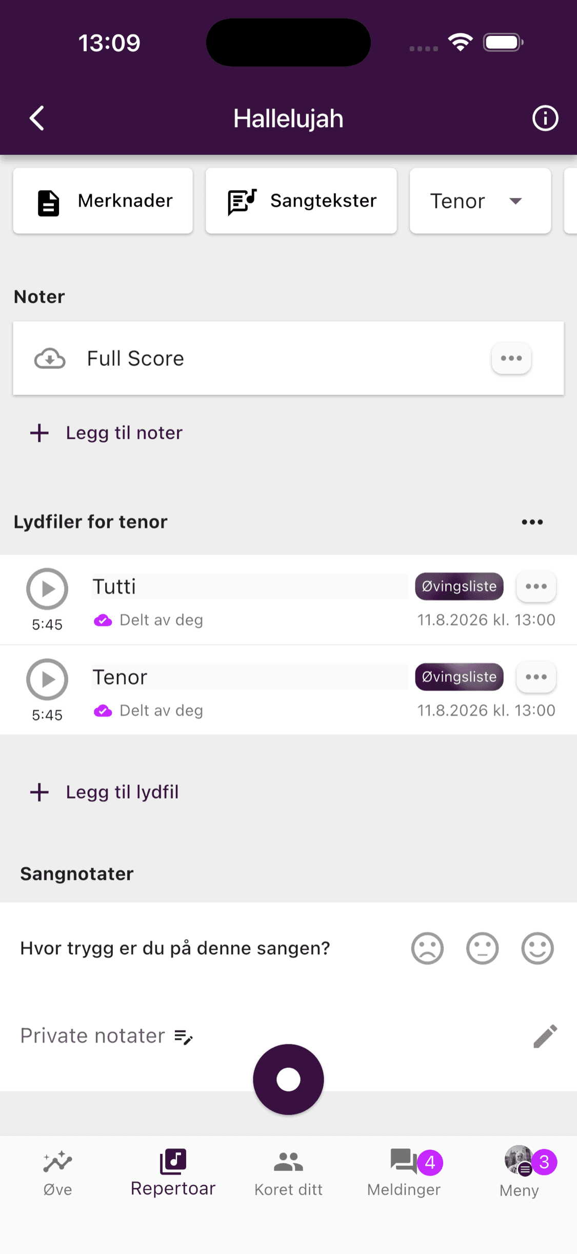 Opptaksknapp nederst på en sangside i ChoirMate-appen