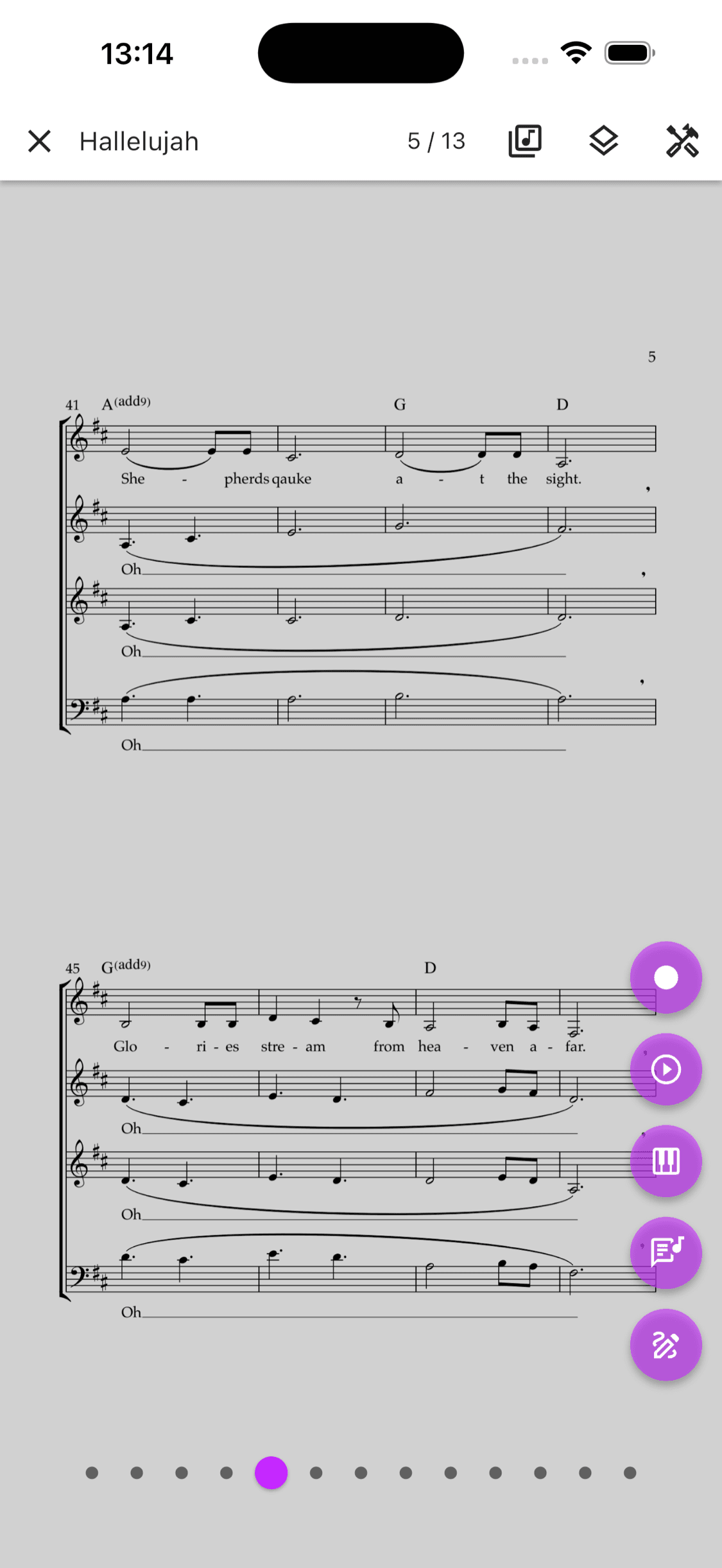 Aufnahmetaste neben Seite 5 im Notenviewer von ChoirMate