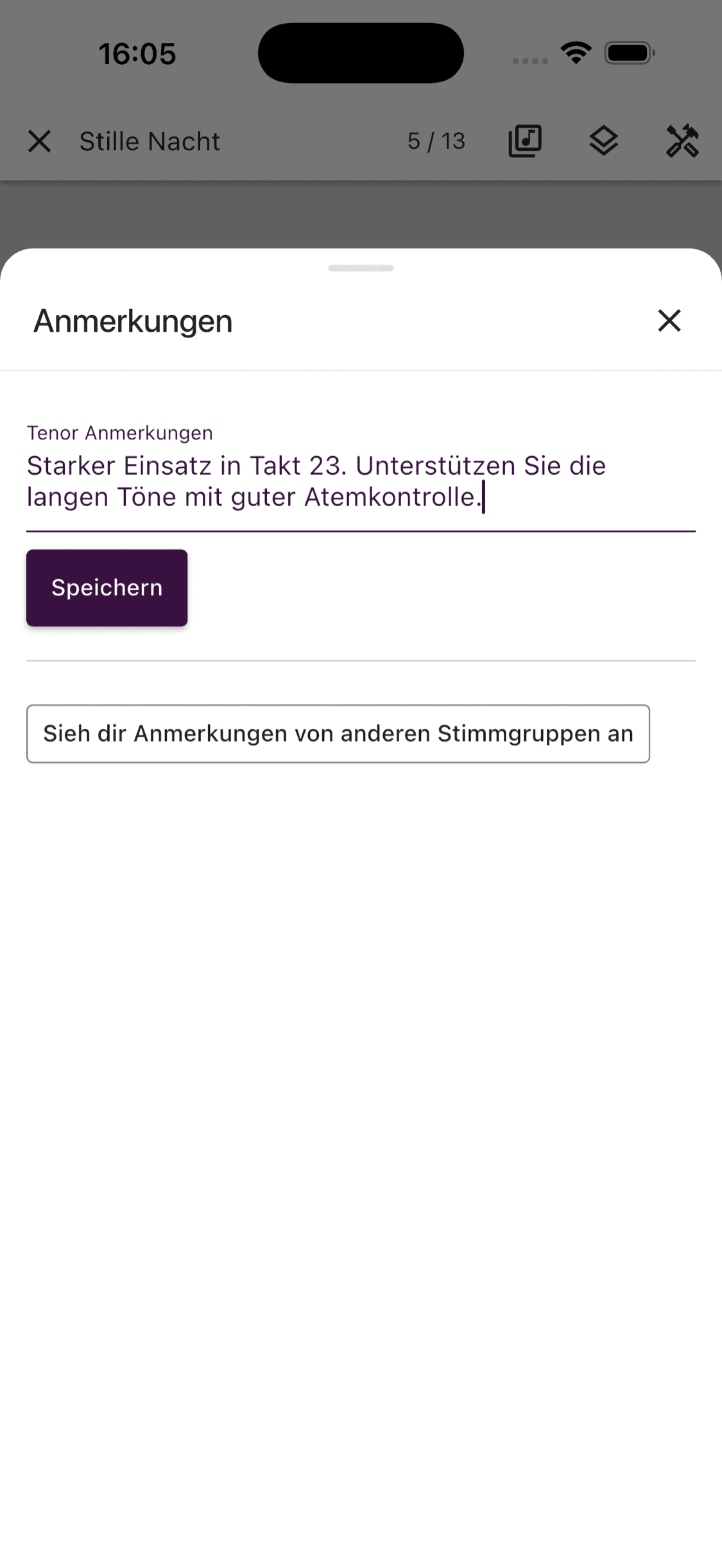 Eine Tenor-Anmerkung in der ChoirMate-App bearbeiten