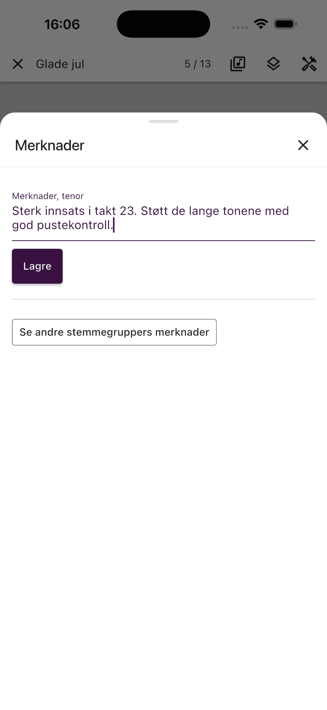 Redigere en tenormerknad i ChoirMate-appen