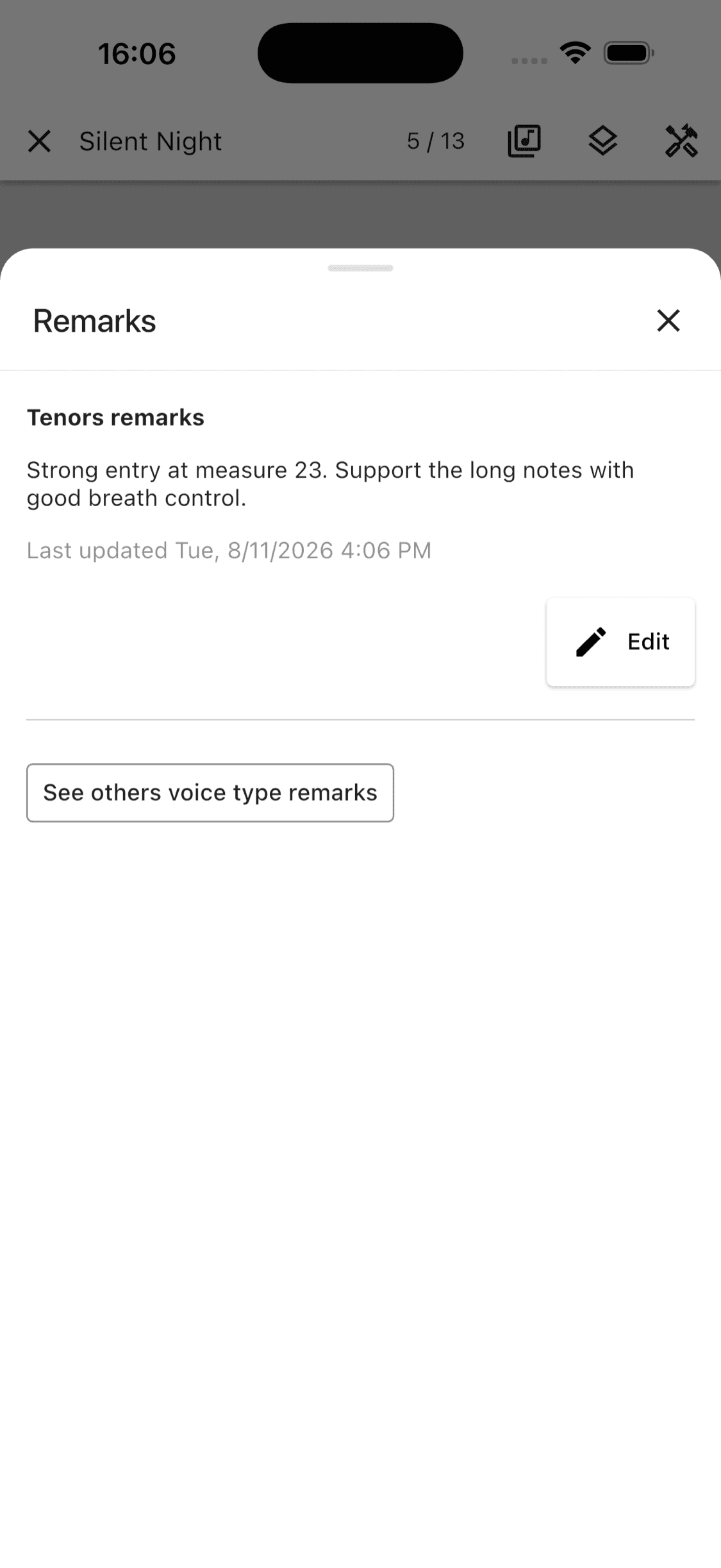 Remarks for the tenor voice part in the ChoirMate app