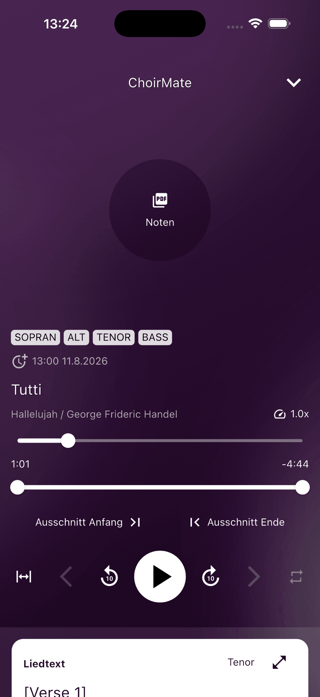 Aktive Ausschnitt-Wiederholung im Vollbild-Player der ChoirMate-App