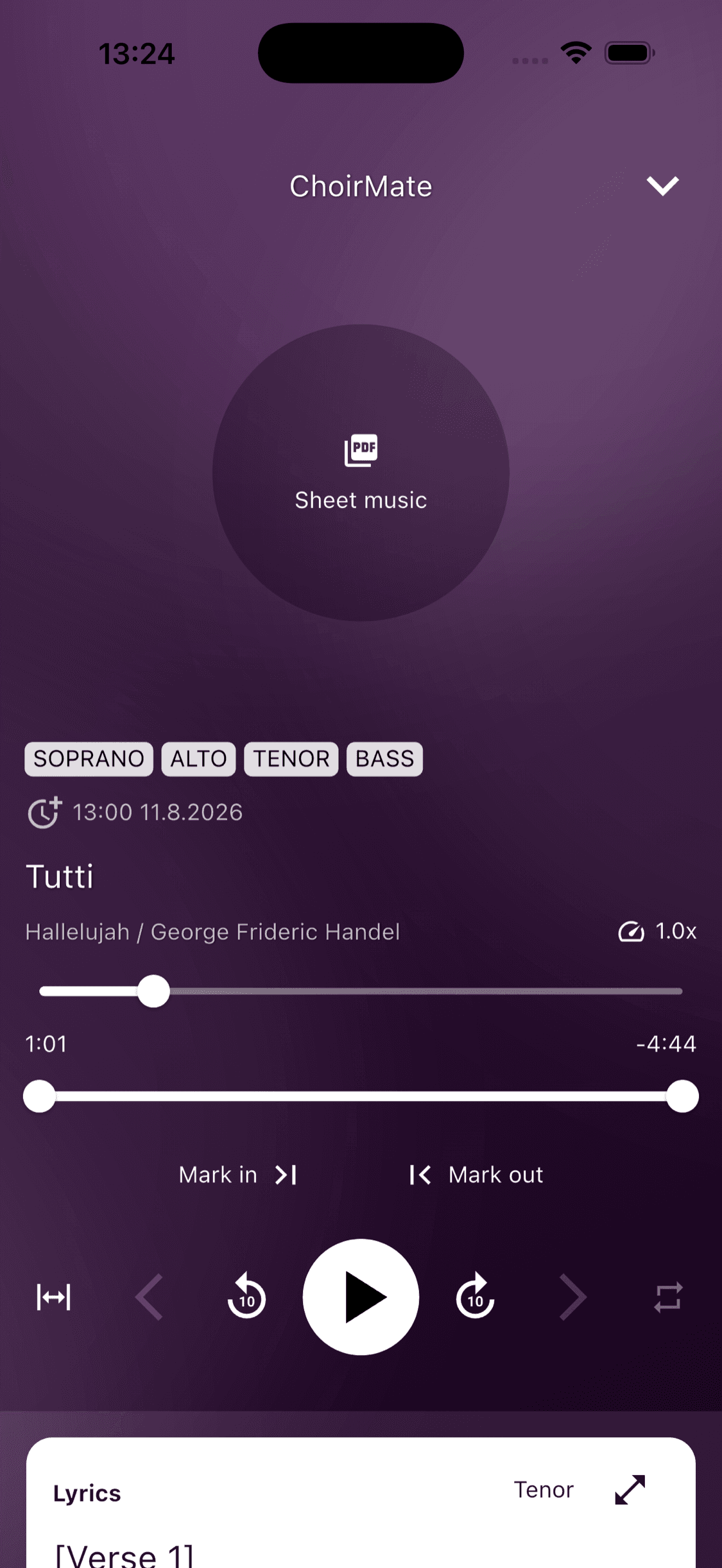 Repeat Part mode active in the full player in the ChoirMate app