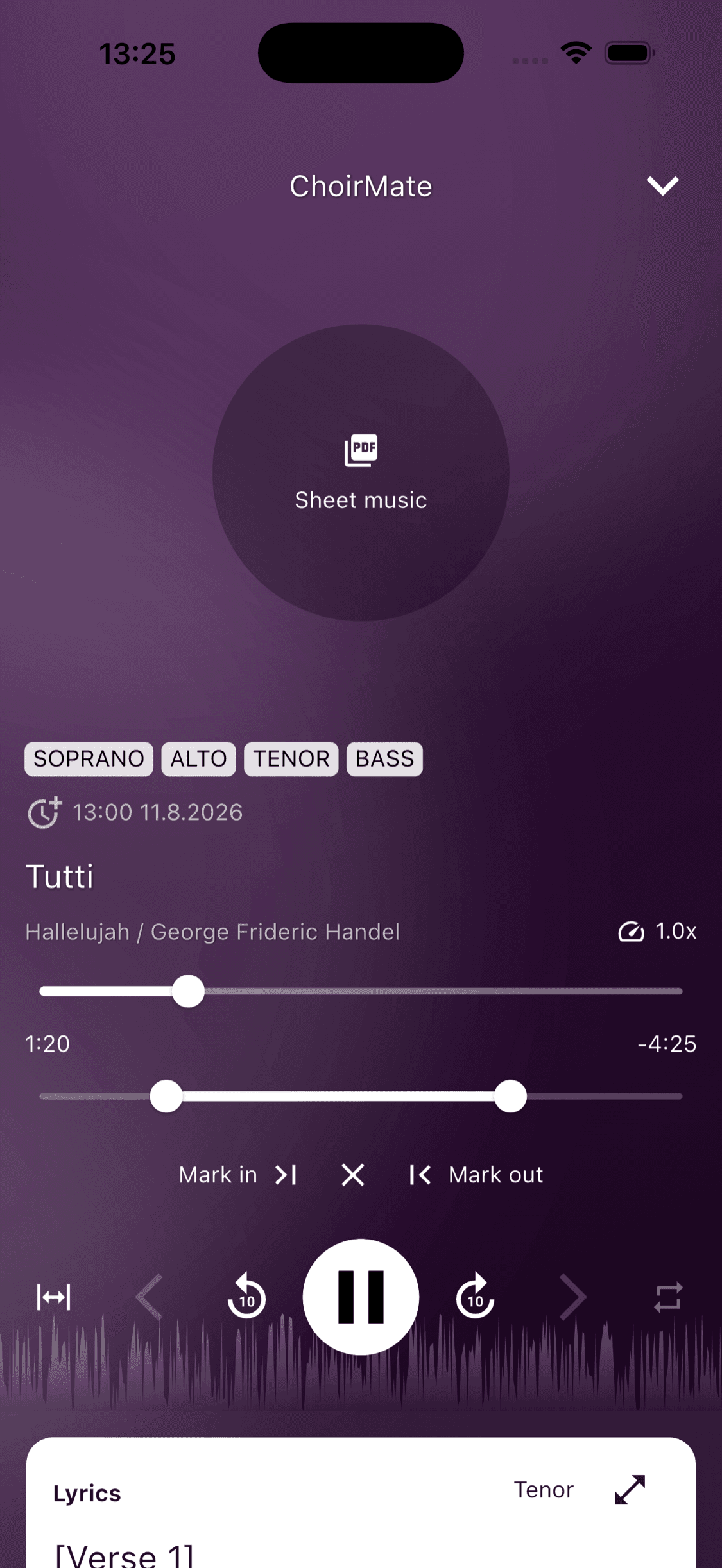 A shorter repeat range selected in the ChoirMate app