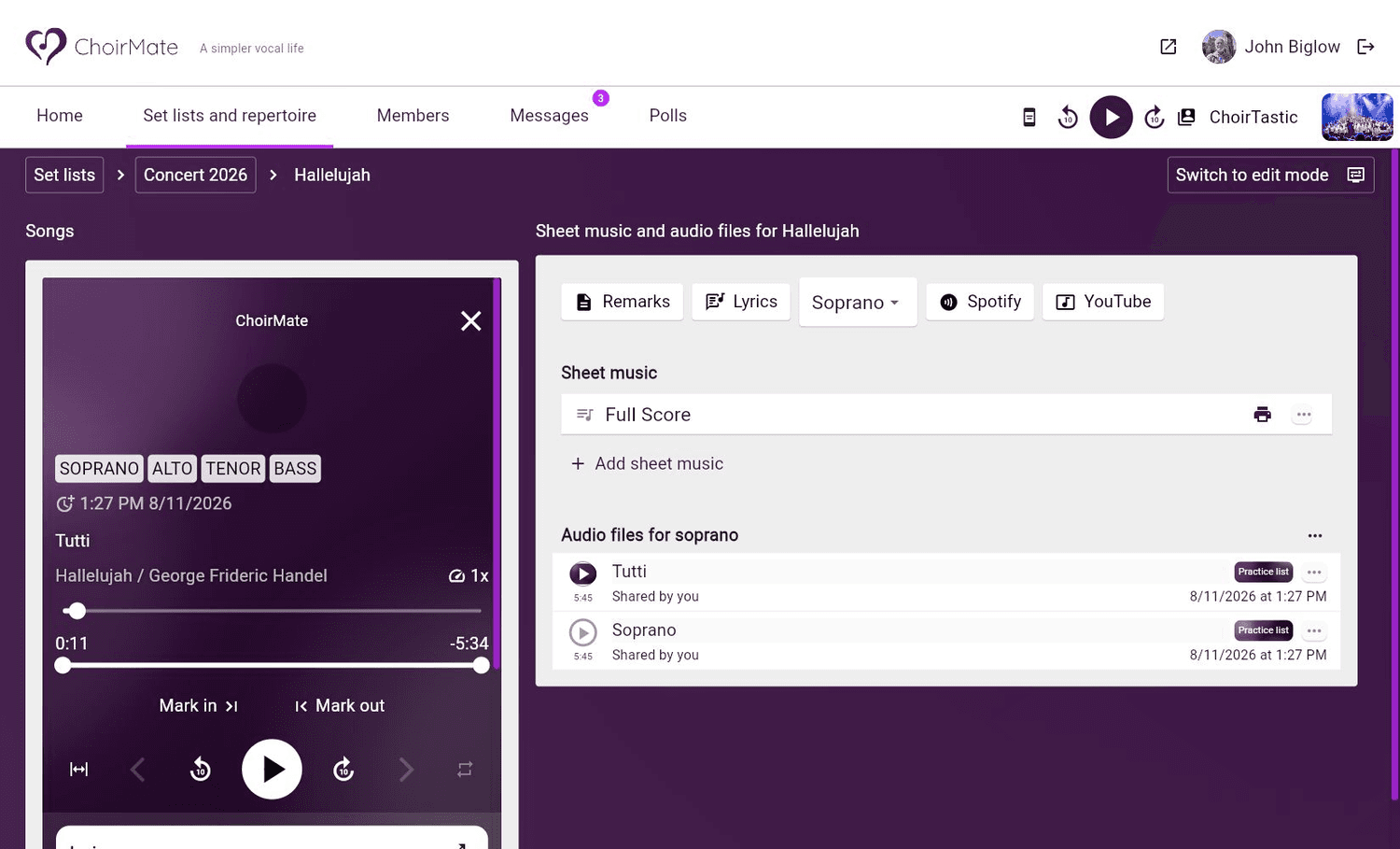 Repeat Part mode active in the docked ChoirMate web player
