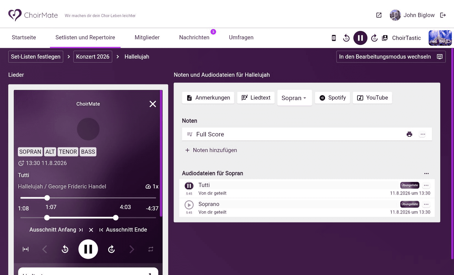Ein kürzerer Wiederholungsbereich im ChoirMate-Webplayer