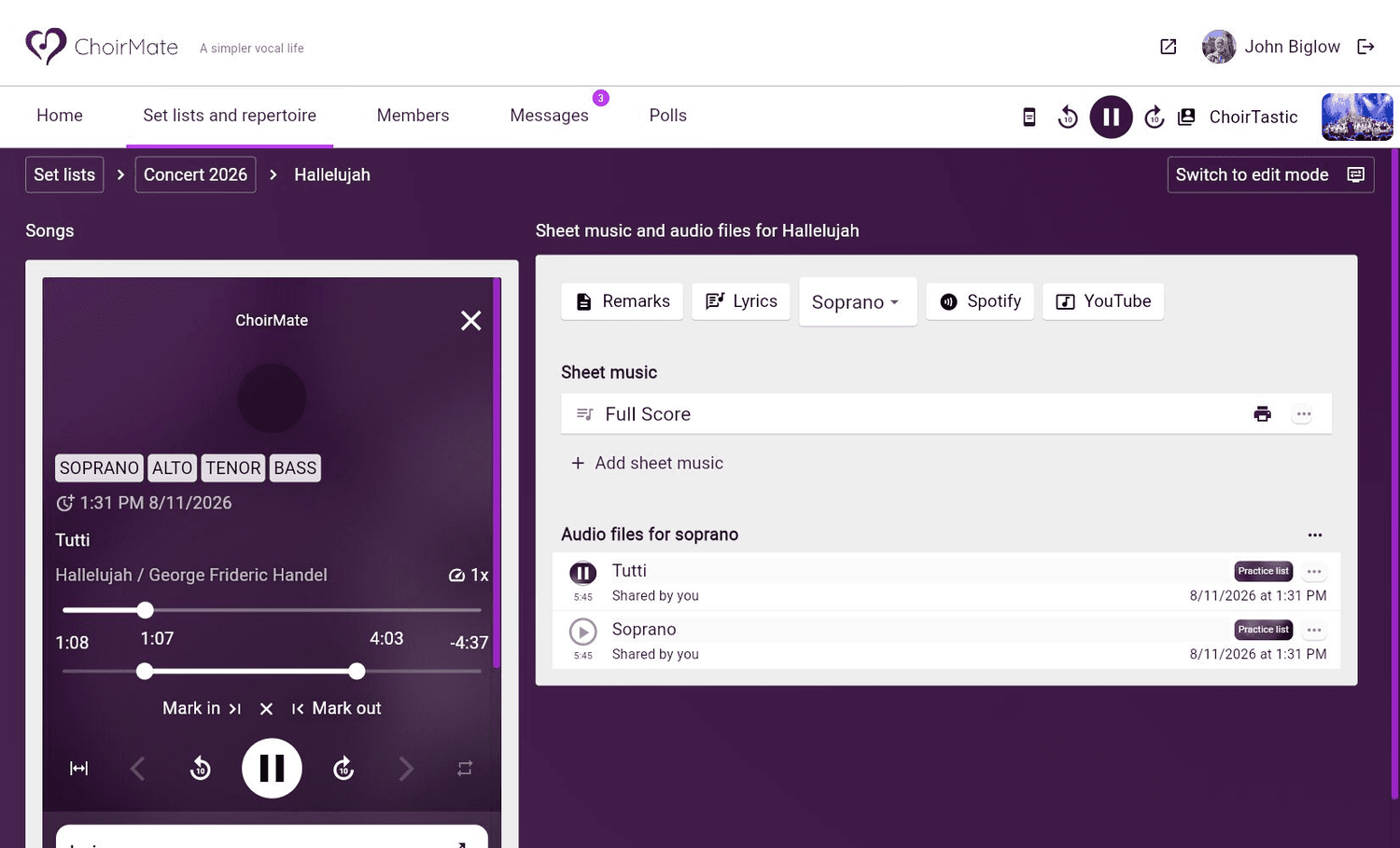 A shorter repeat range selected in the ChoirMate web player