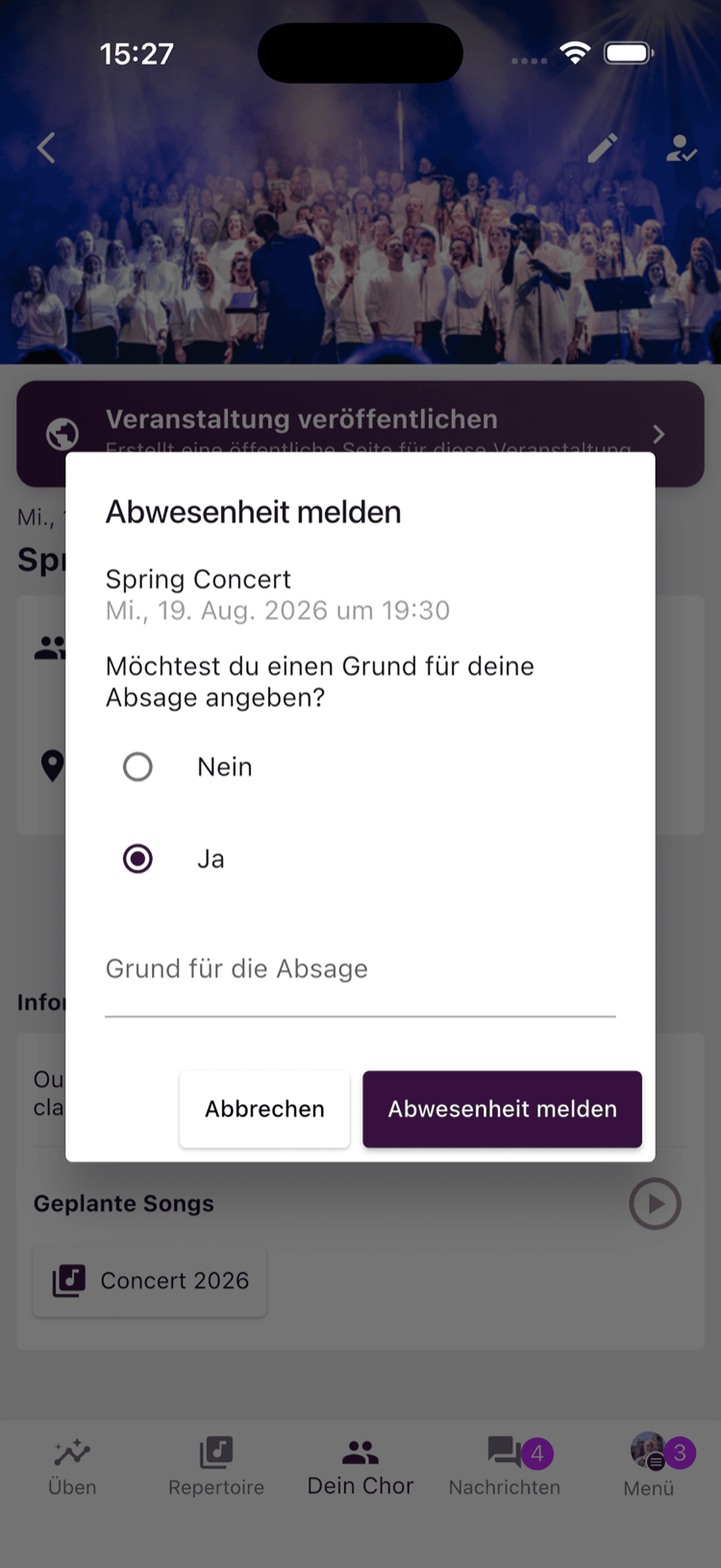 Der Dialog für einen optionalen Abwesenheitsgrund