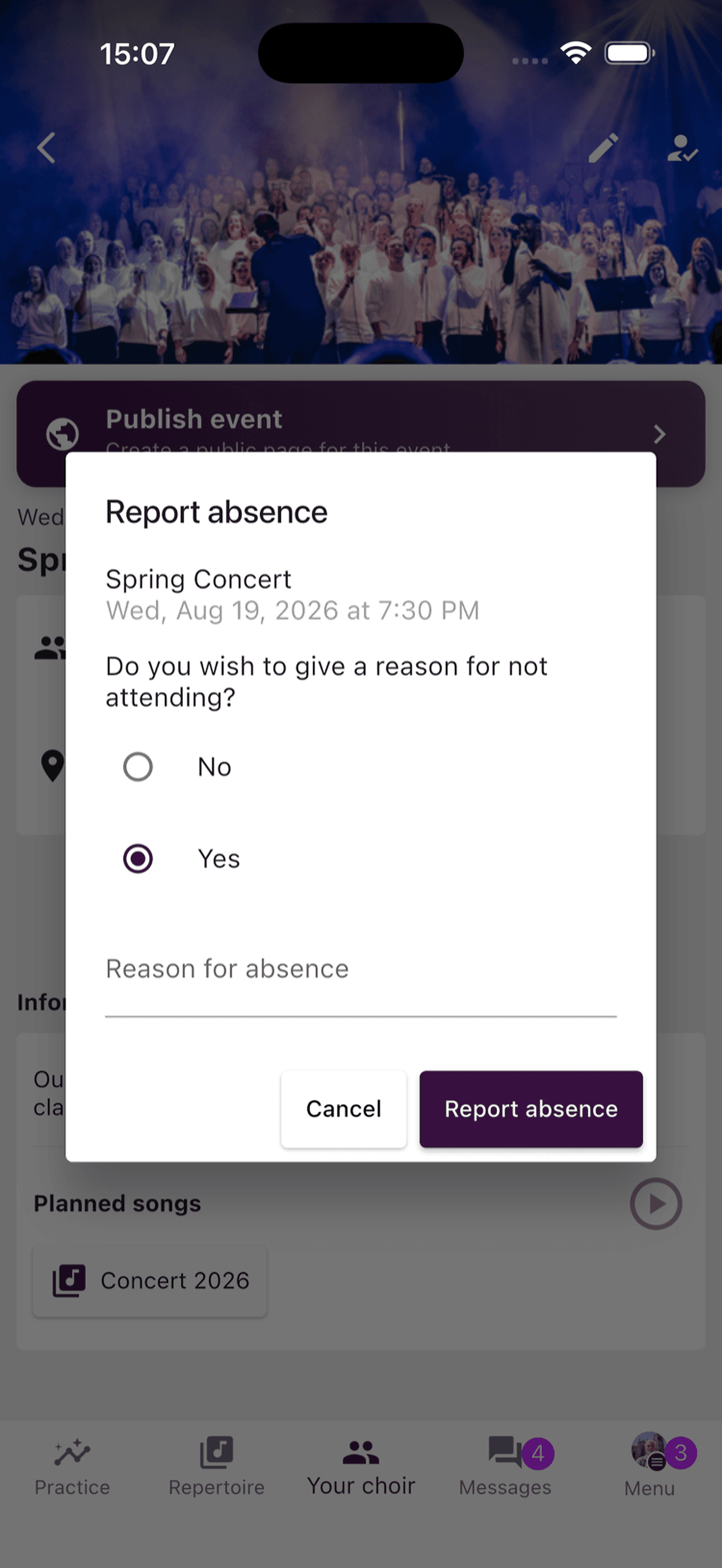 The optional absence reason dialog