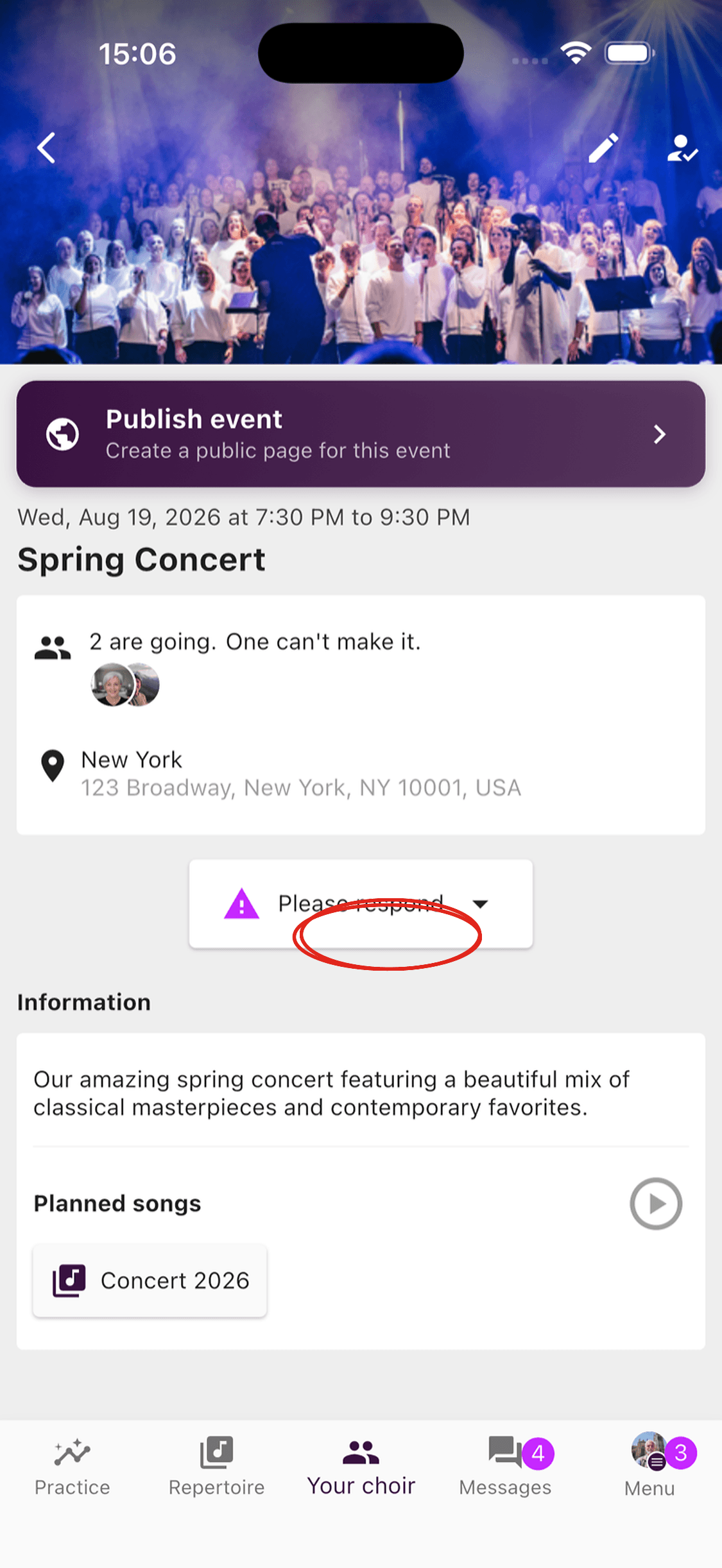 An event asking the member to respond