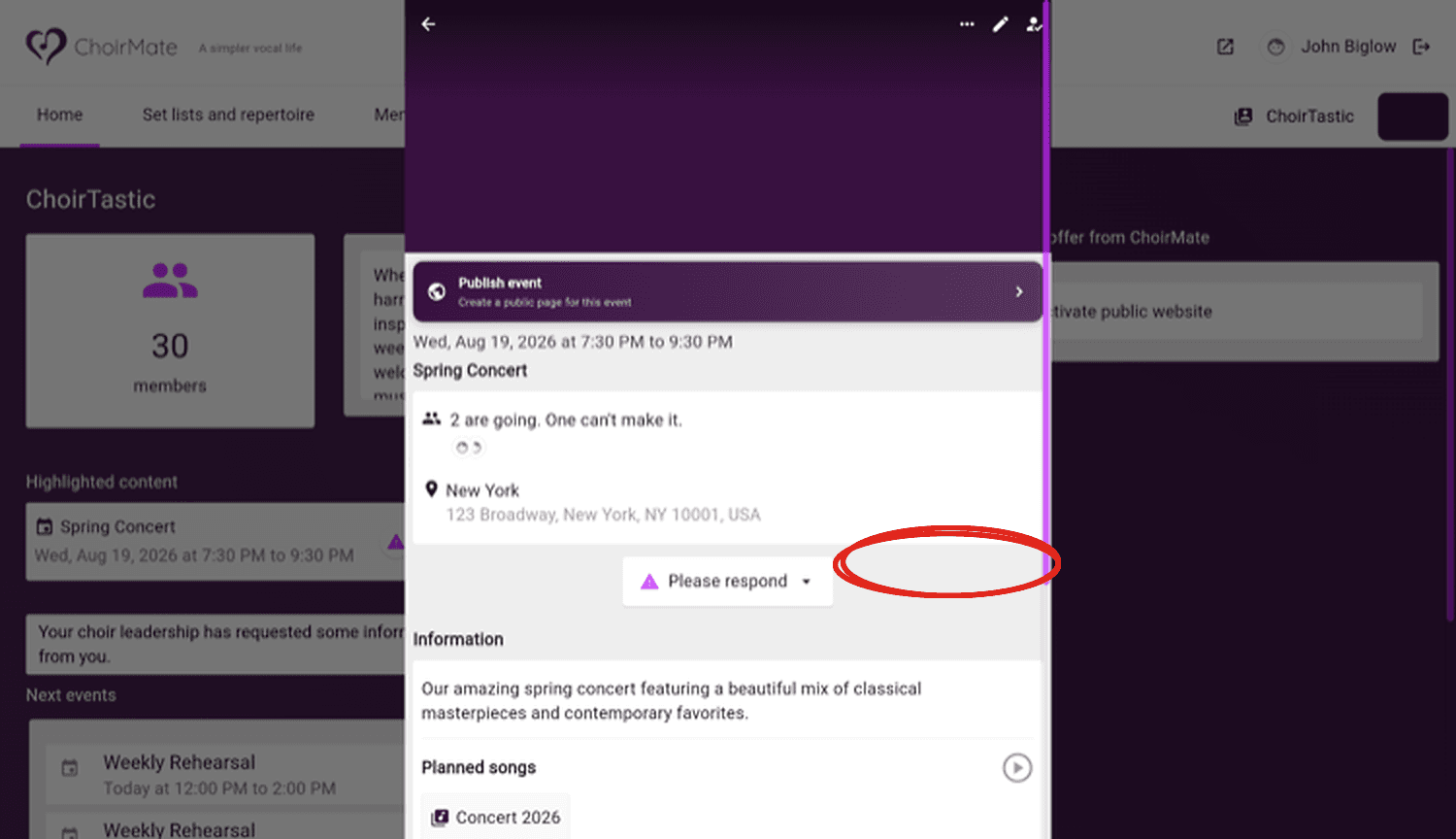 Auf eine Veranstaltung in der Web-App antworten