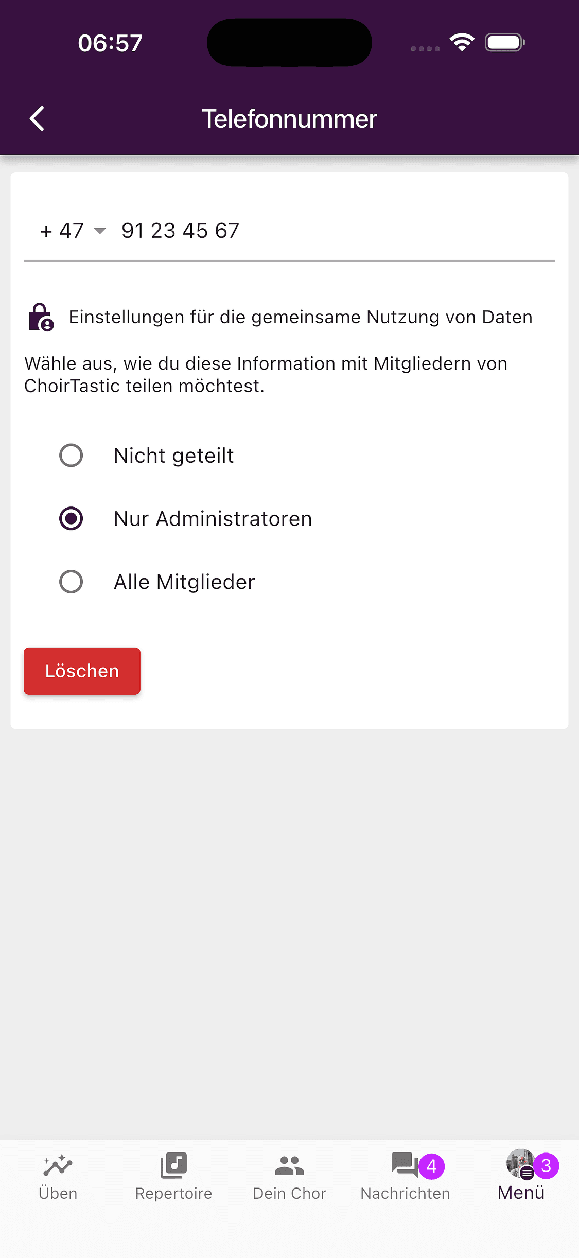 Freigabeoptionen für eine persönliche Angabe in der ChoirMate-App