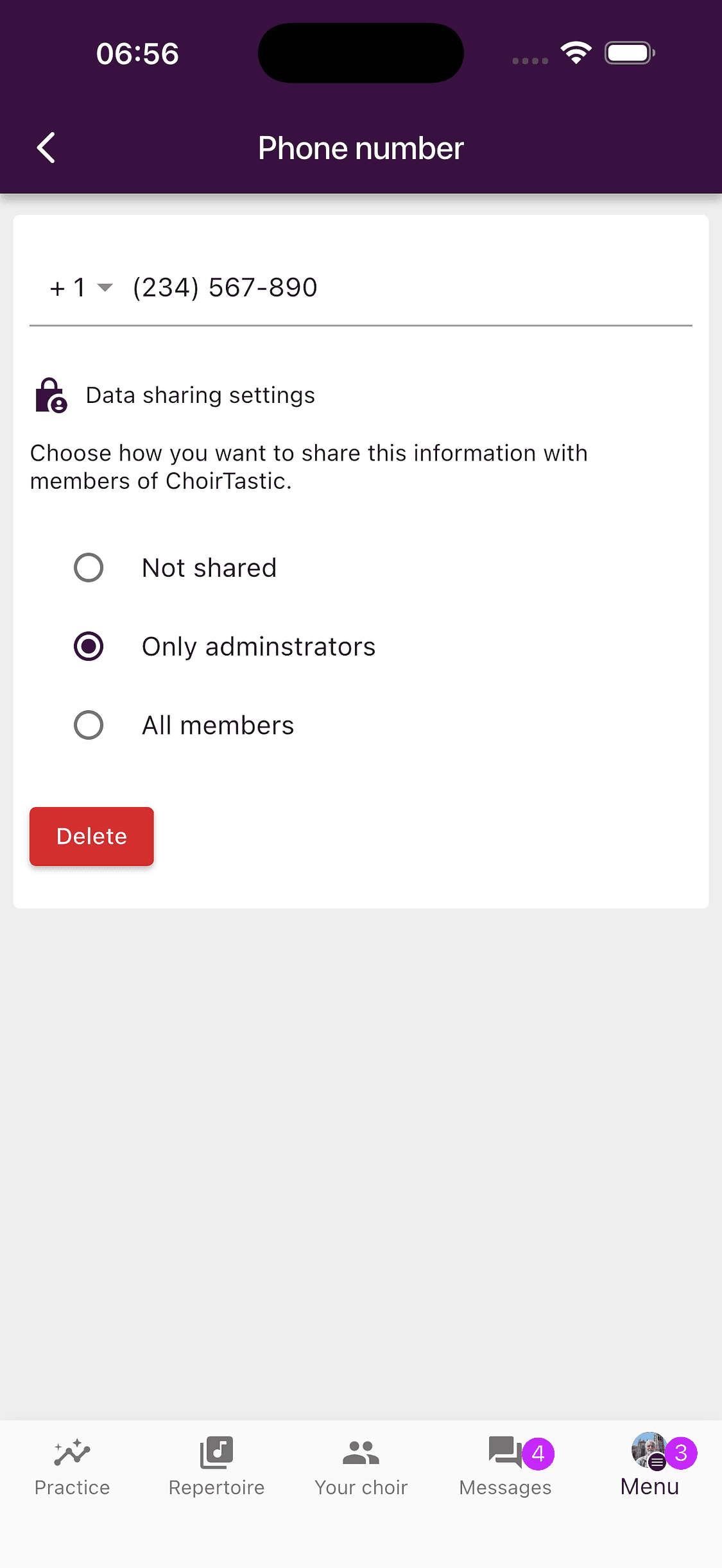 Sharing choices for a personal detail in the ChoirMate app