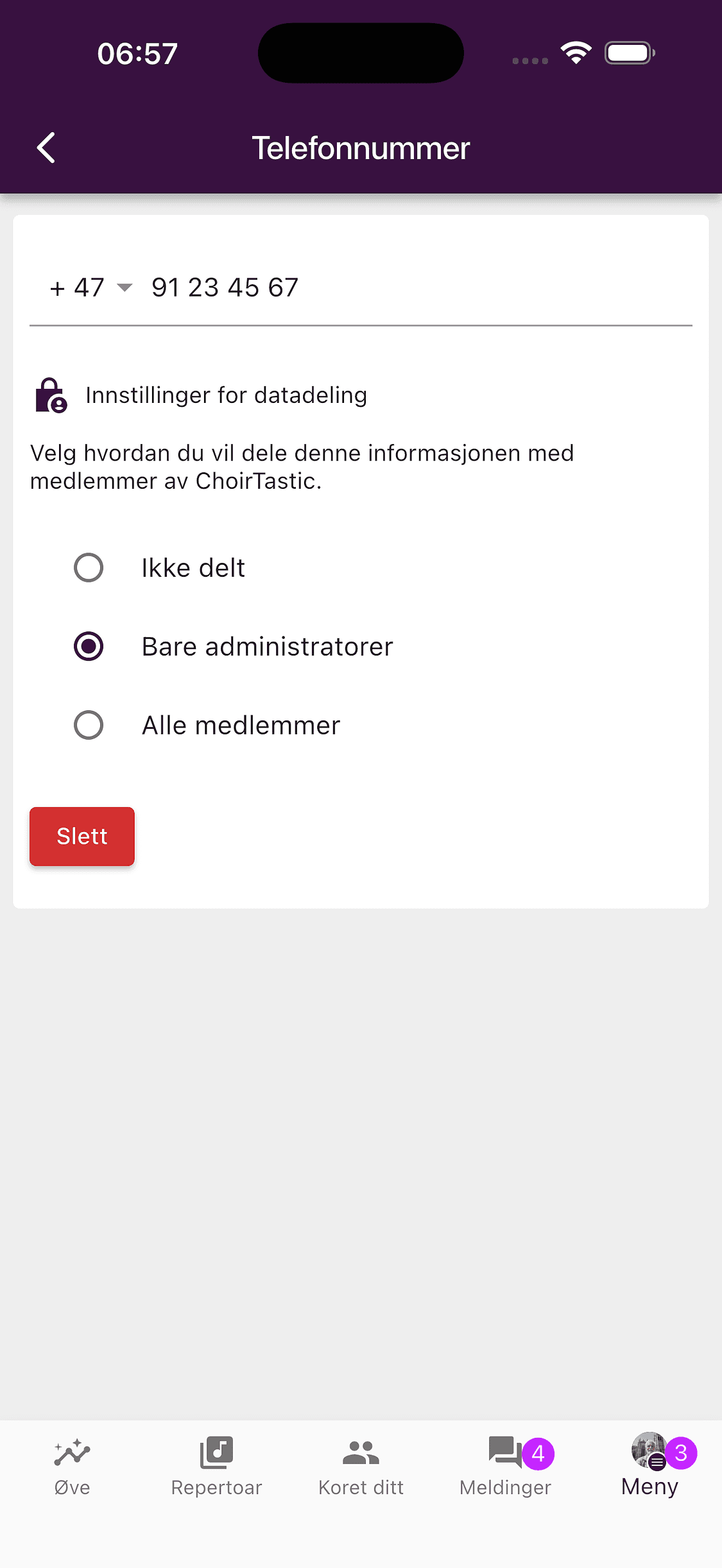 Delingsvalg for en personopplysning i ChoirMate-appen