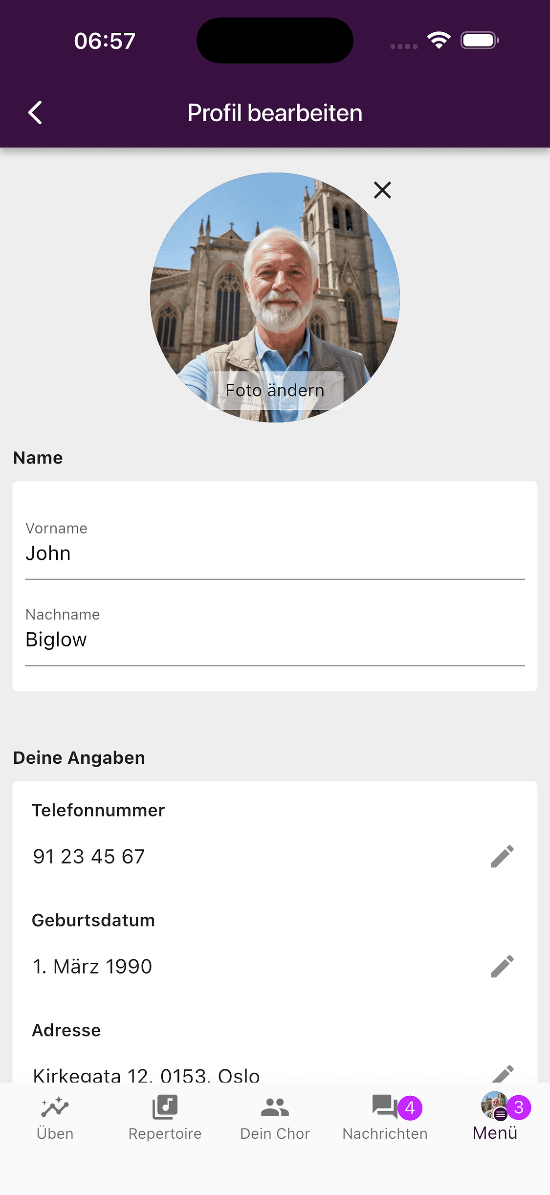 Der obere Bereich des Profileditors in der ChoirMate-App