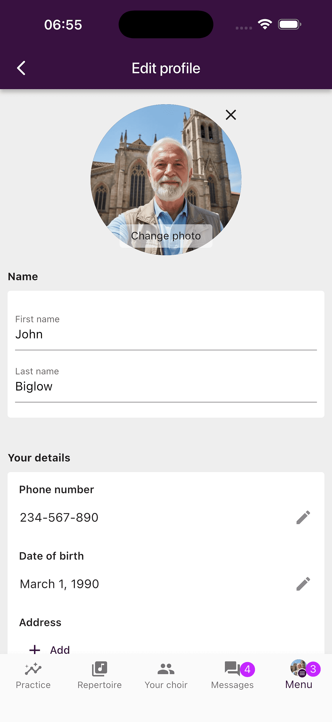 The upper part of the profile editor in the ChoirMate app