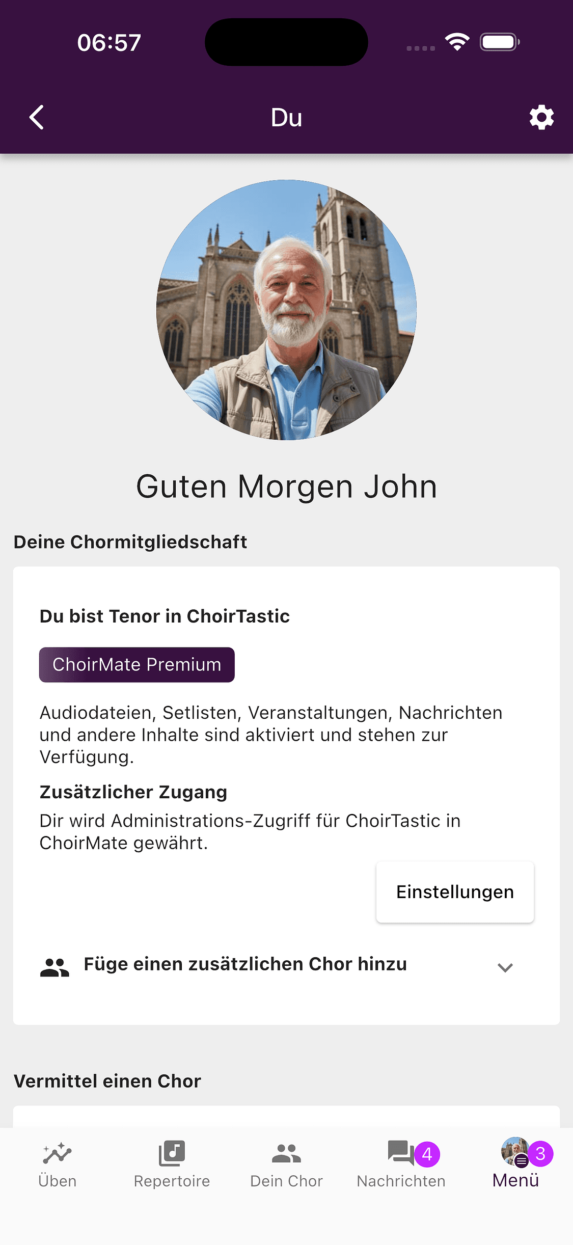 Ein ChoirMate-Profil in der App mit Foto, Name und Chormitgliedschaft