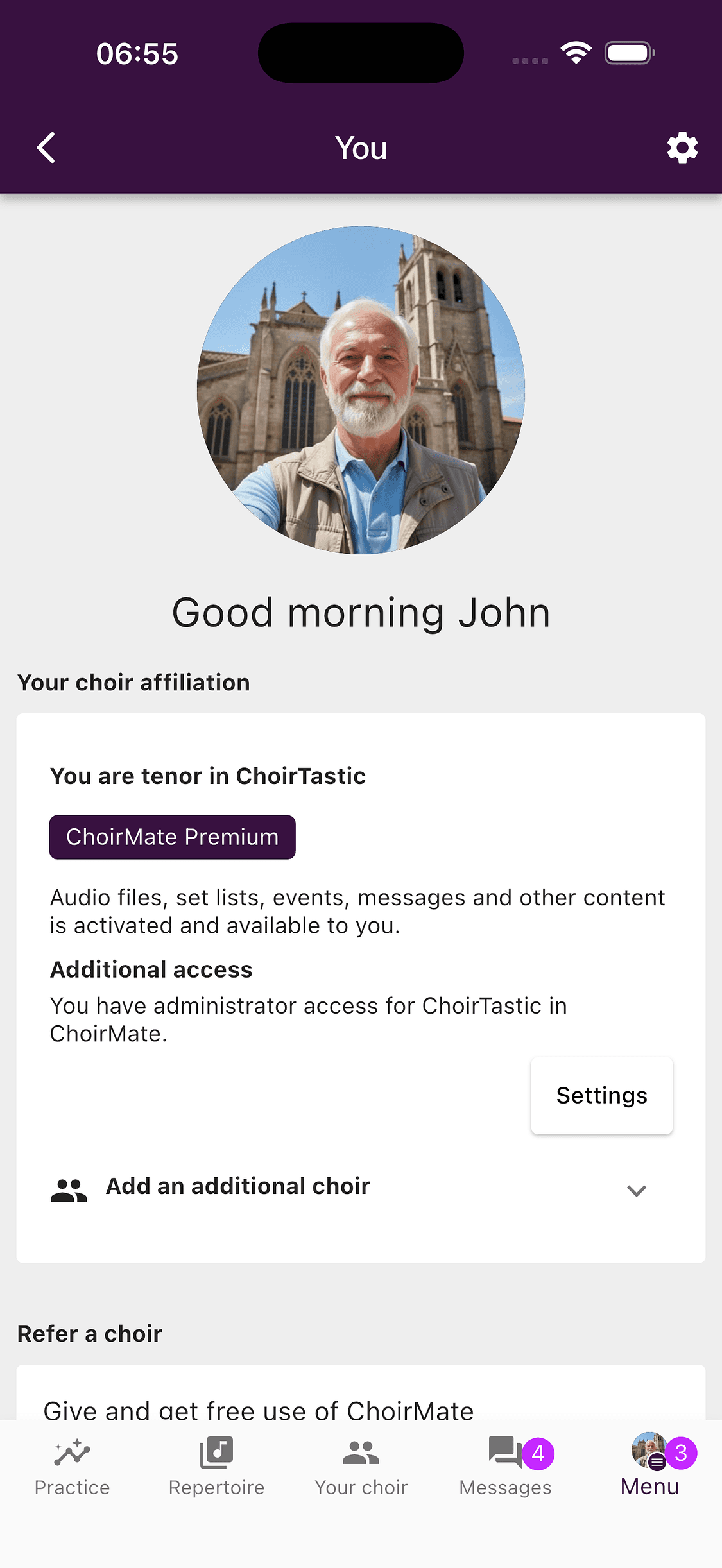 A ChoirMate profile in the app with a photo, name, and choir membership
