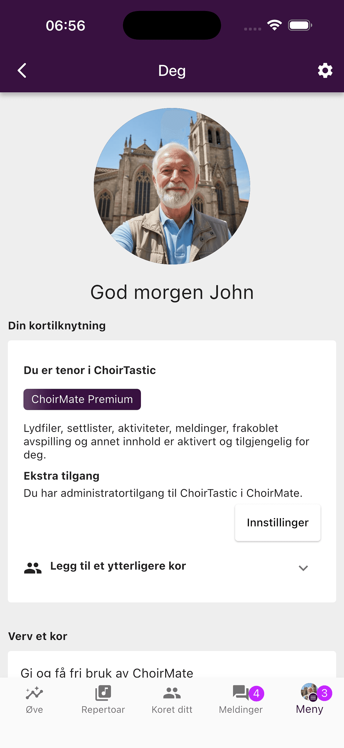 En ChoirMate-profil i appen med bilde, navn og kortilknytning