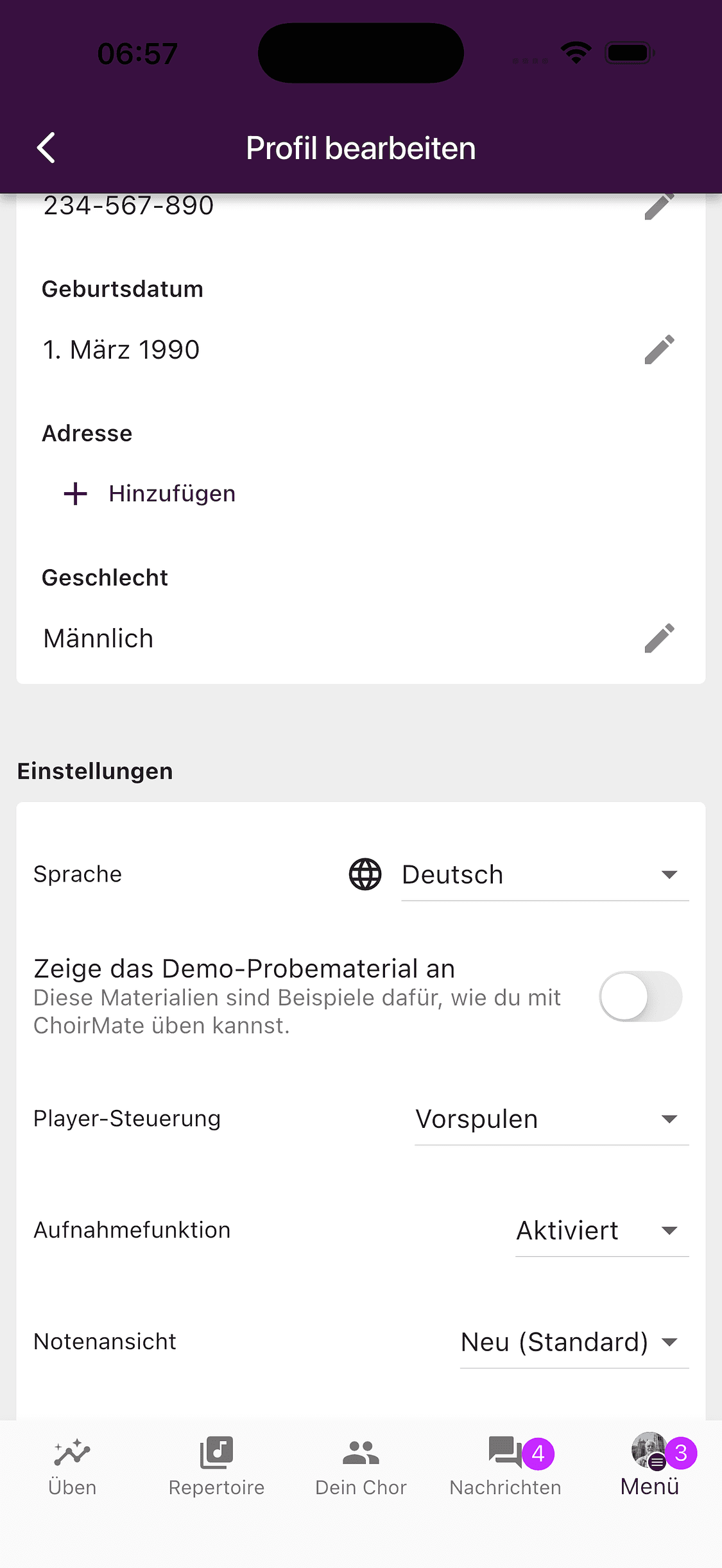 Profileinstellungen in der ChoirMate-App
