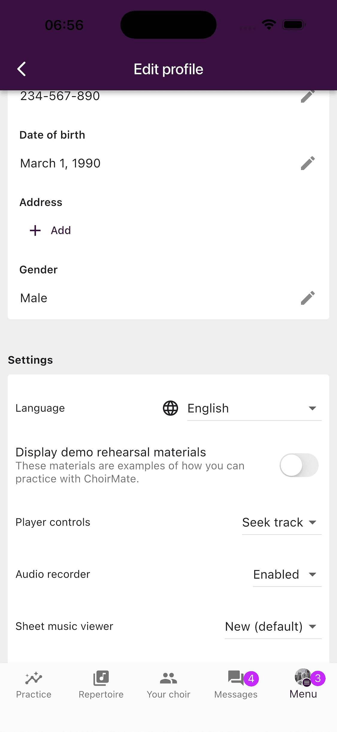 Profile preferences in the ChoirMate app