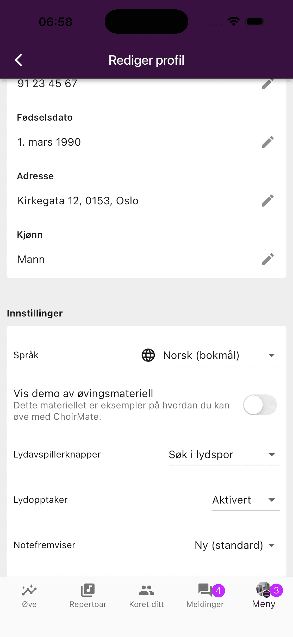 Profilinnstillinger i ChoirMate-appen