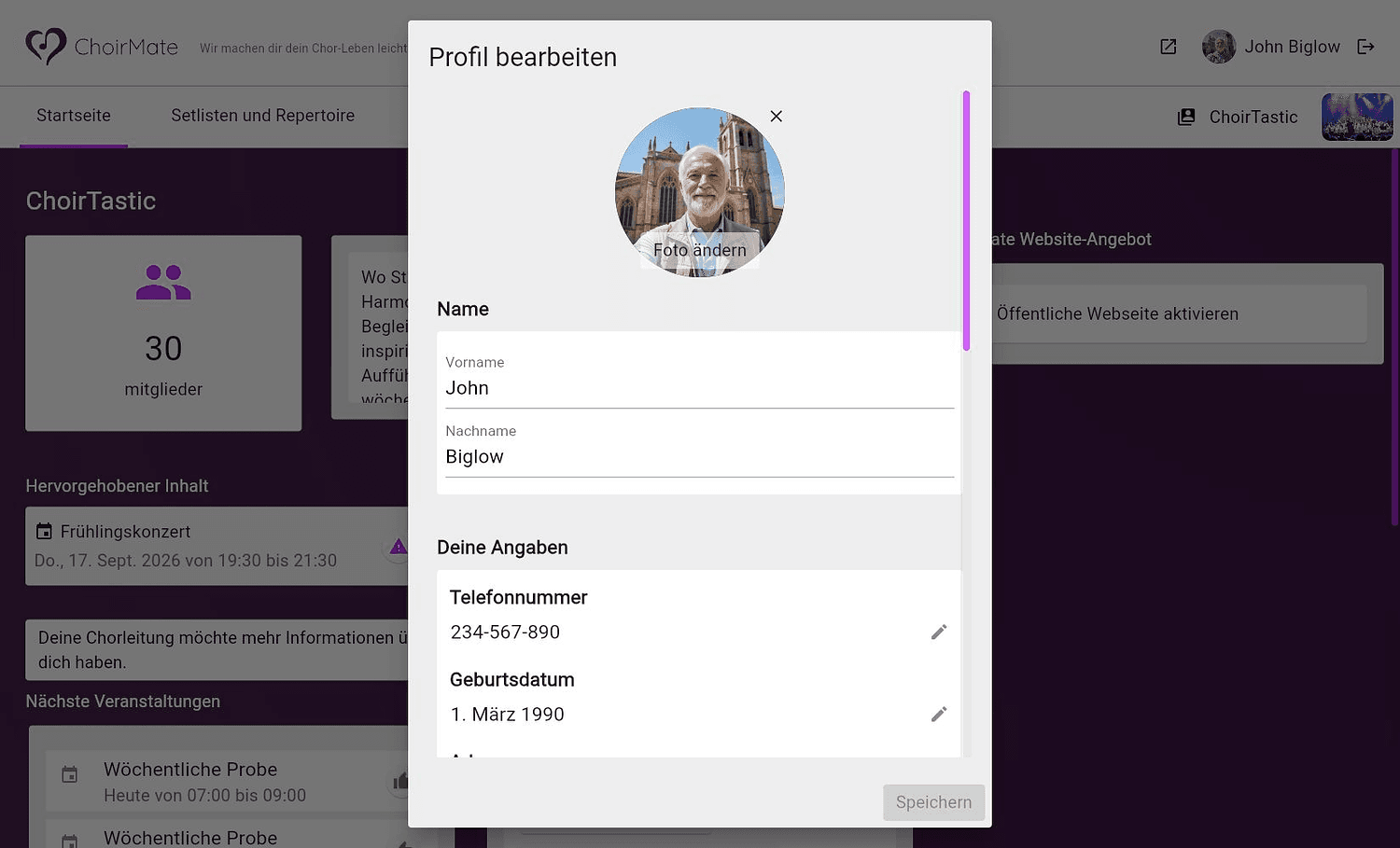 Der obere Bereich des Profileditors in ChoirMate im Web