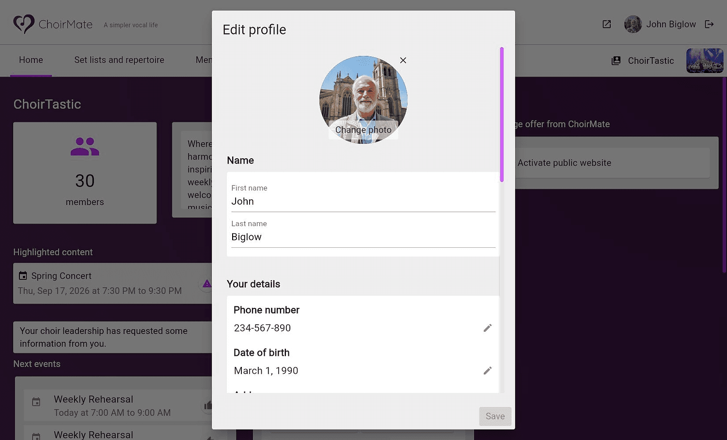The upper part of the profile editor in ChoirMate on the web