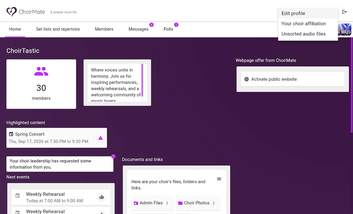 The account menu with Edit profile in ChoirMate on the web