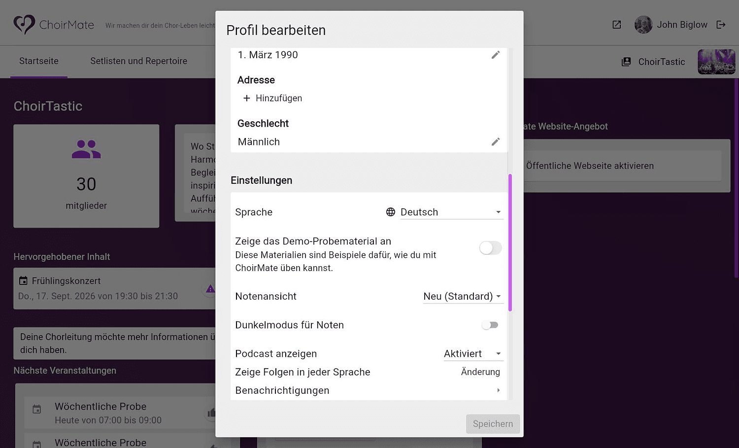 Profil- und Kontoeinstellungen in ChoirMate im Web