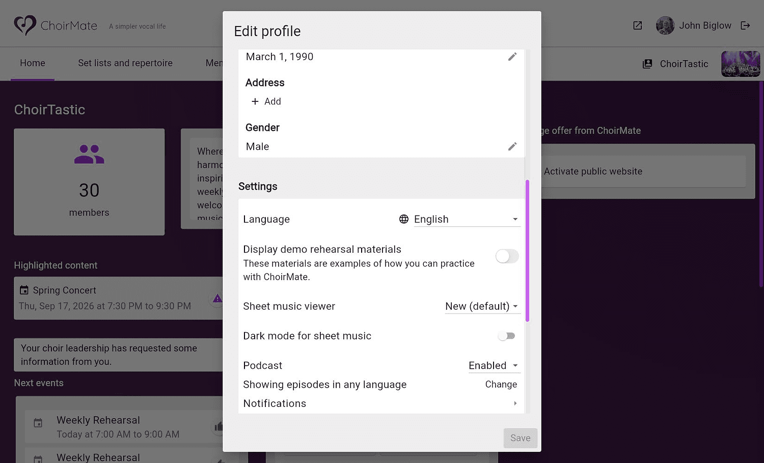 Profile preferences and account choices in ChoirMate on the web