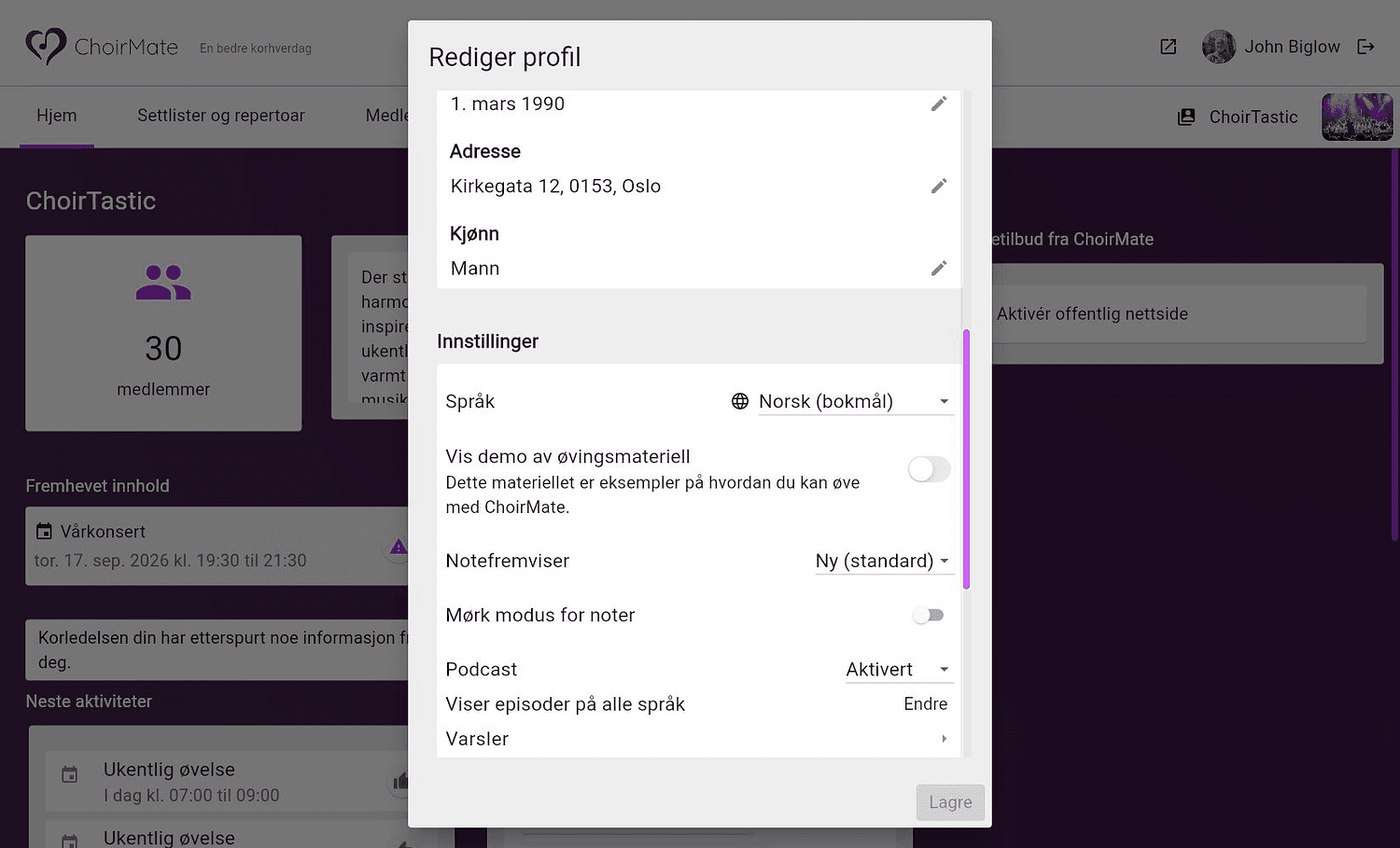 Profilinnstillinger og kontovalg i ChoirMate på nett