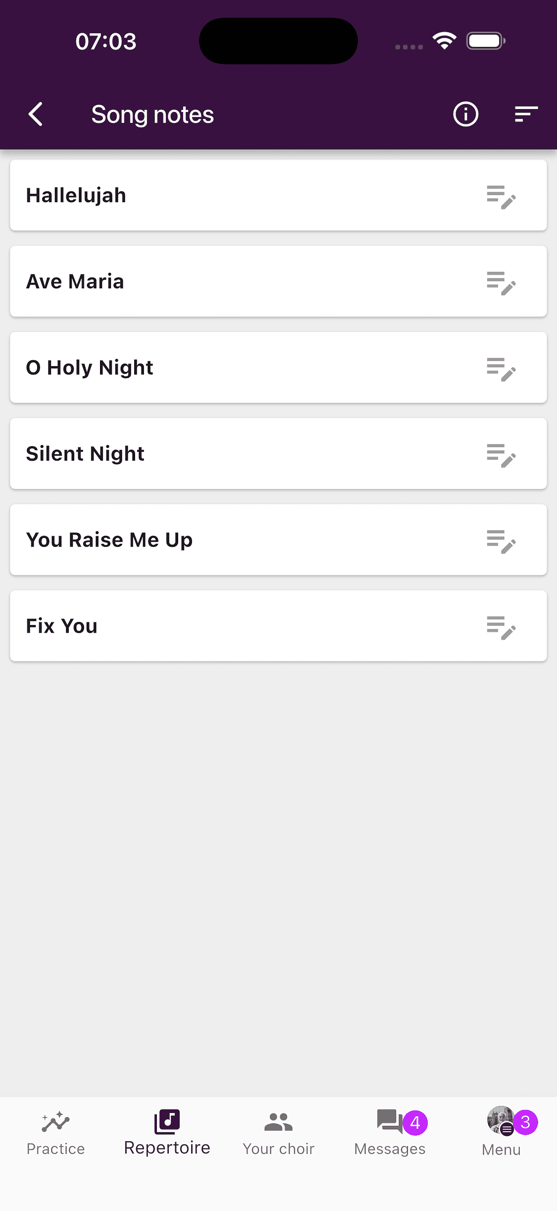 The Song notes overview for a complete set list in the ChoirMate app