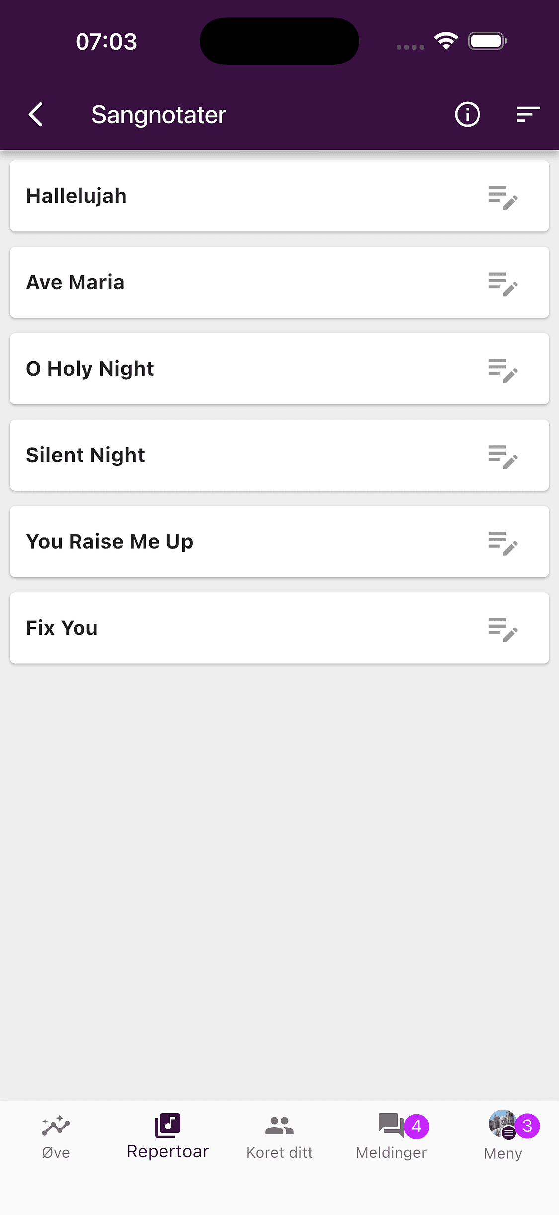 Oversikten Sangnotater for en hel settliste i ChoirMate-appen