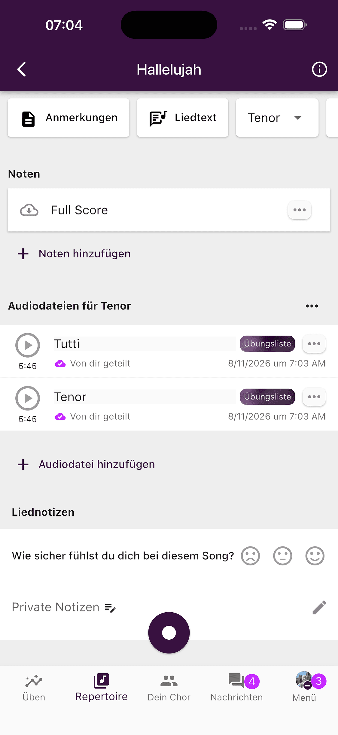 Private Notizen und Sicherheitseinschätzung für ein Lied in der ChoirMate-App
