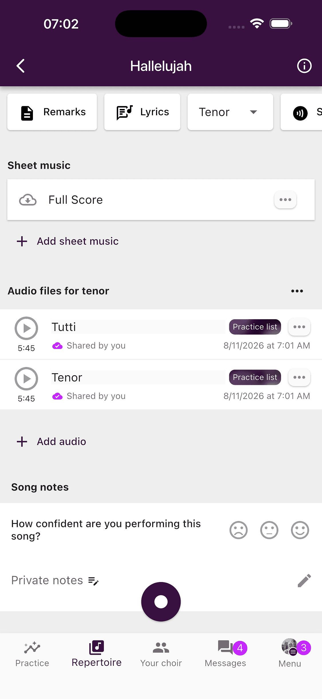 Private notes and confidence controls for a song in the ChoirMate app