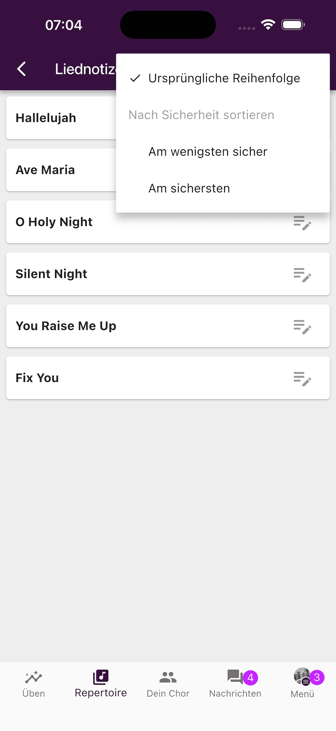Sortieren einer Set-Liste nach Sicherheit in der ChoirMate-App
