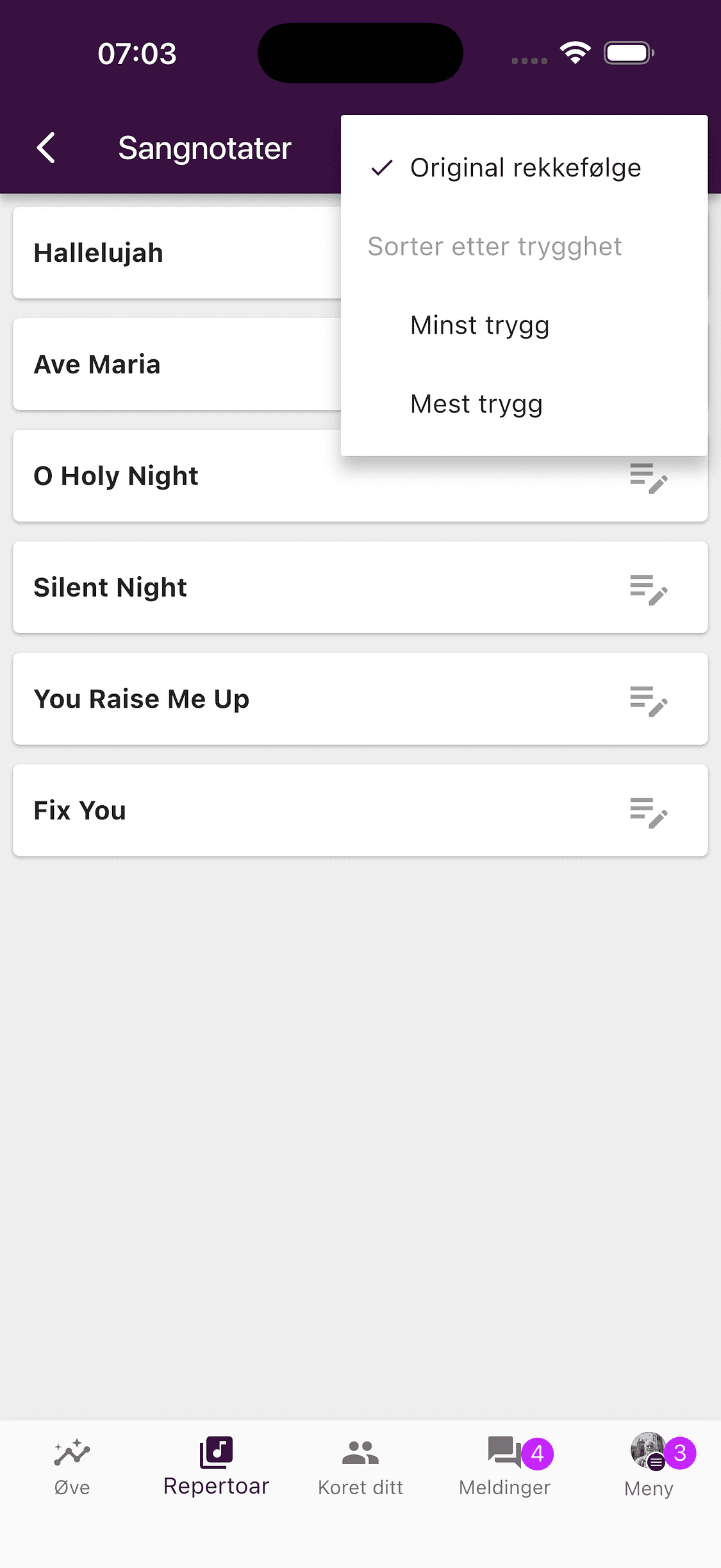 Sortering av en settliste etter trygghet i ChoirMate-appen