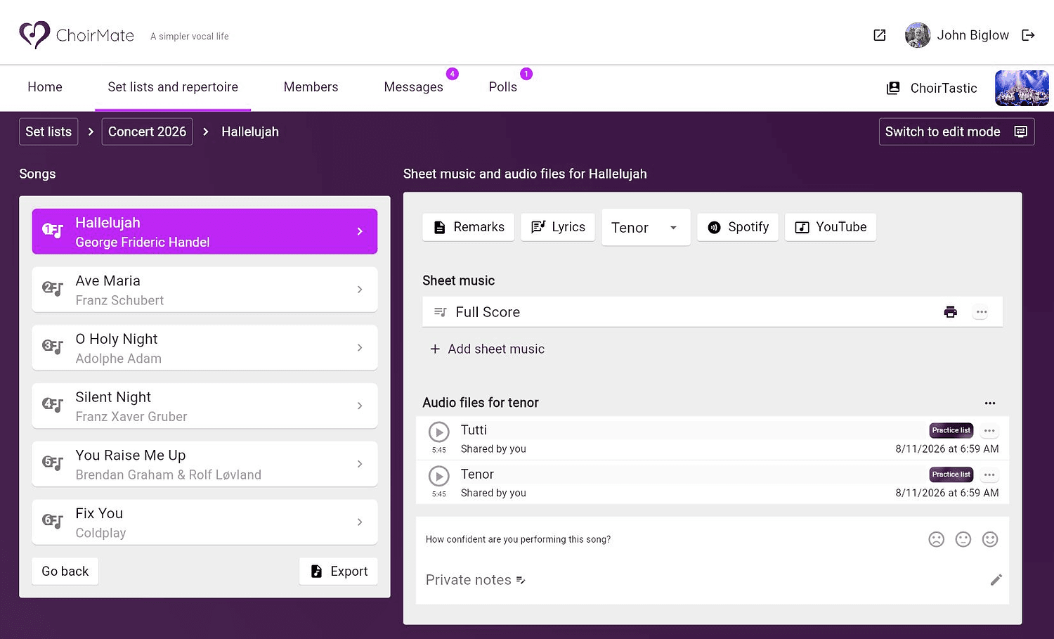 Private notes and confidence controls for a song in ChoirMate on the web